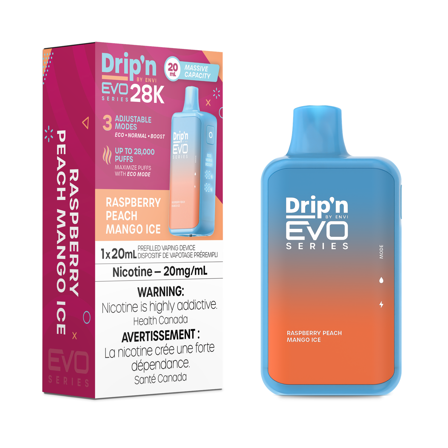 Raspberry Peach Mango - Drip&#39;n by Envi Evo Series 28K Disposable, Nicotine: 20mg