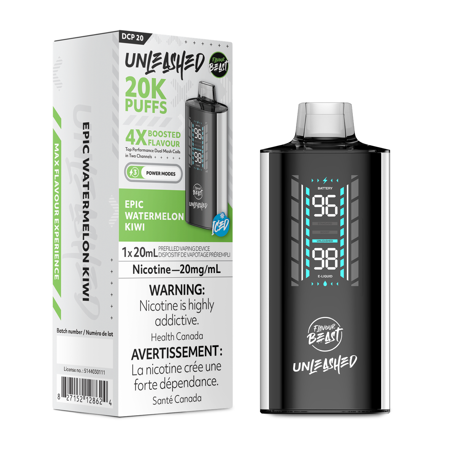 Epic Watermelon Kiwi Iced - Flavour Beast Unleashed 20K Disposable, Nicotine: 20mg (Discontinued)