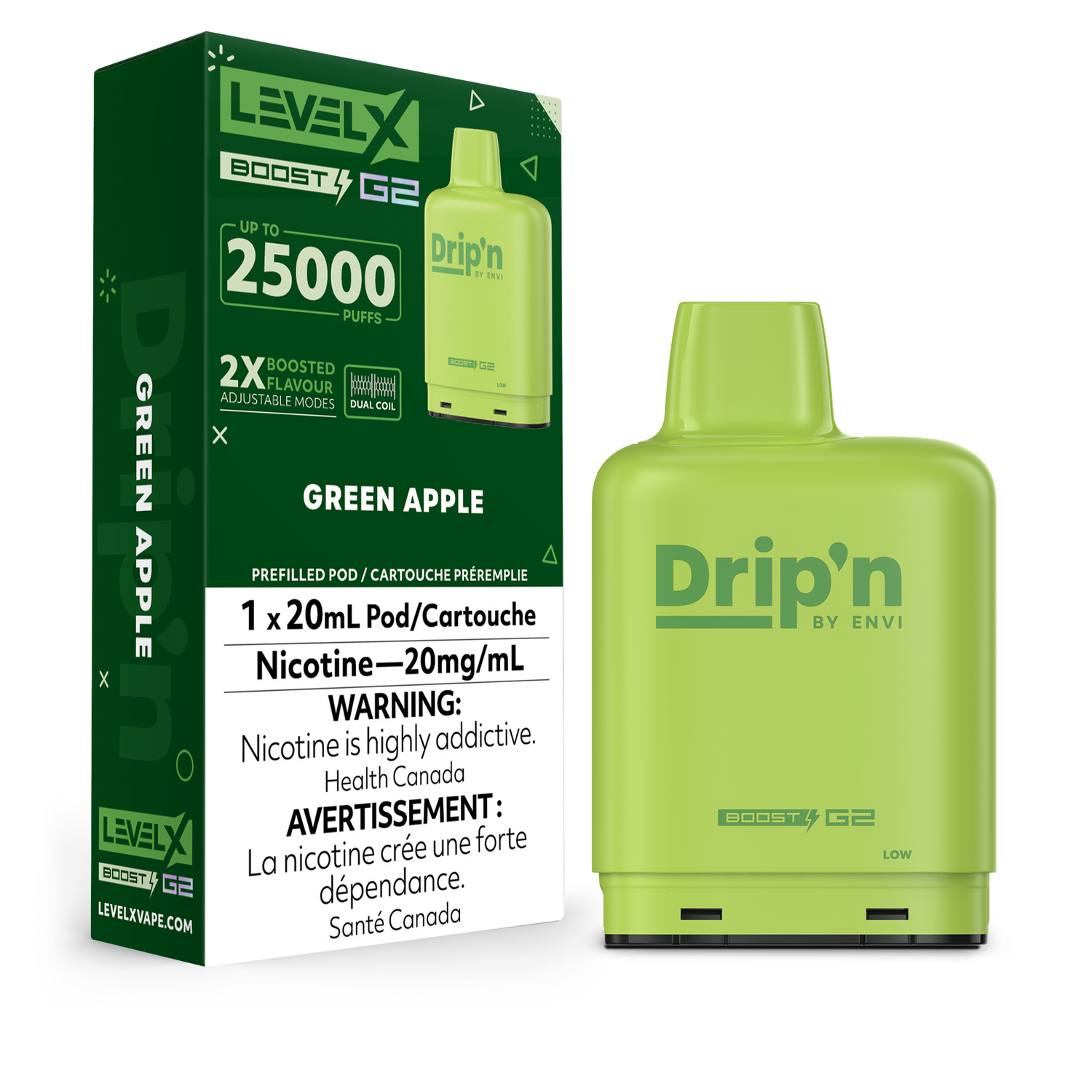 Green Apple Drip&#39;n Level X Boost Pod, Nicotine: 20mg