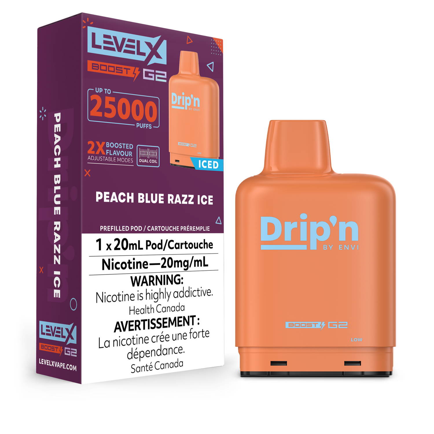 Peach Blue Razz Ice Drip&#39;n Level X Boost Pod, Nicotine: 20mg(Discontinued)