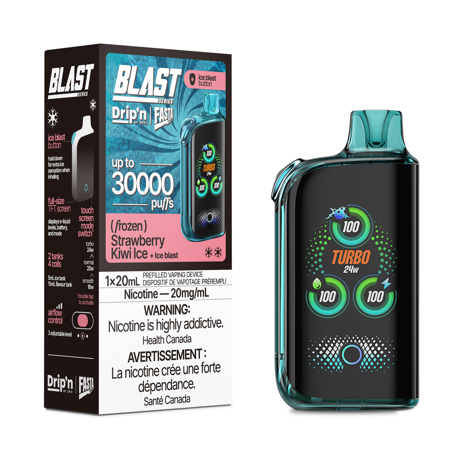 Strawberry Kiwi Ice -  Drip&#39;n Blast Series by Envi 30K Disposable, Nicotine: 20mg