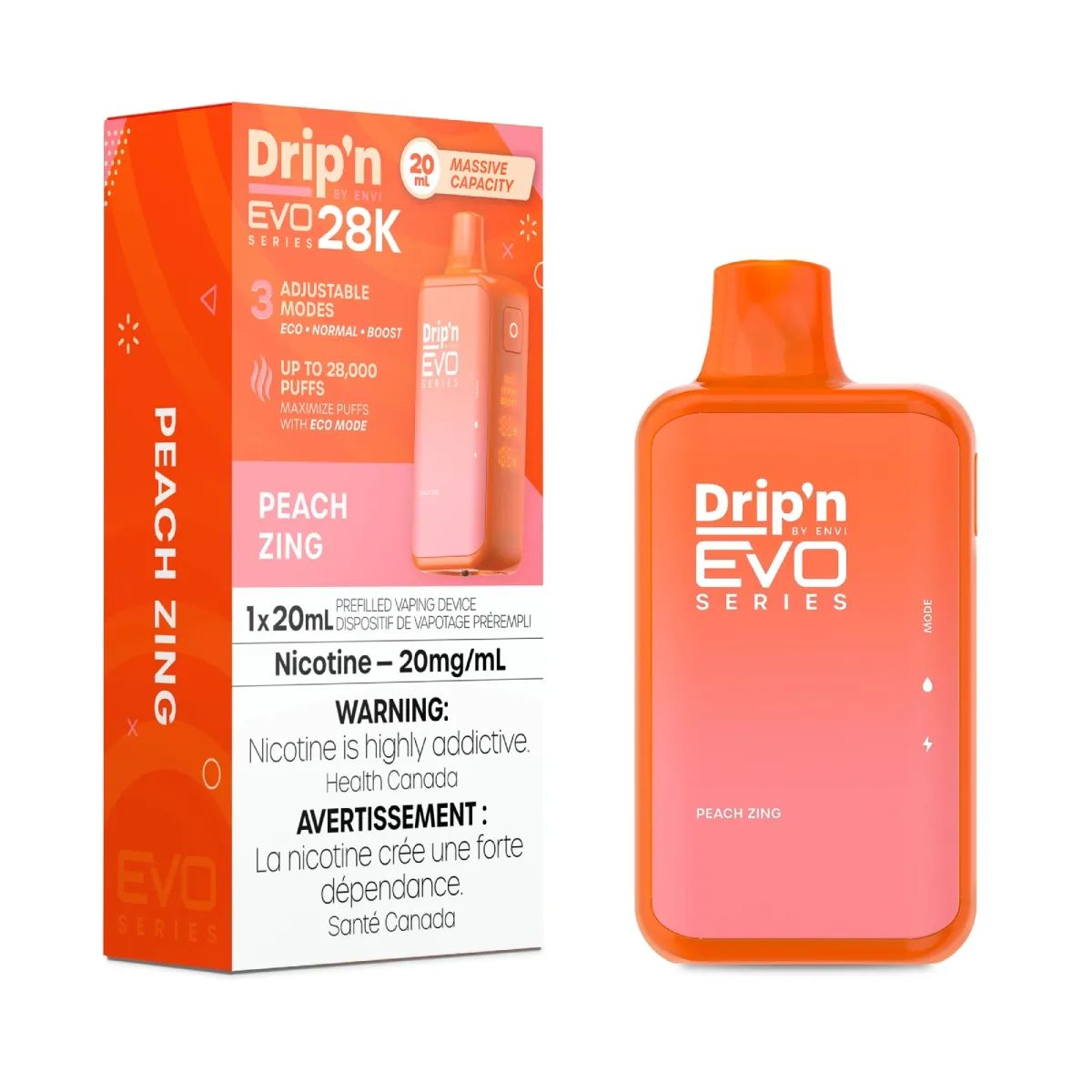 Peach Zing - Drip&#39;n by Envi Evo Series 28K Disposable, Nicotine: 20mg