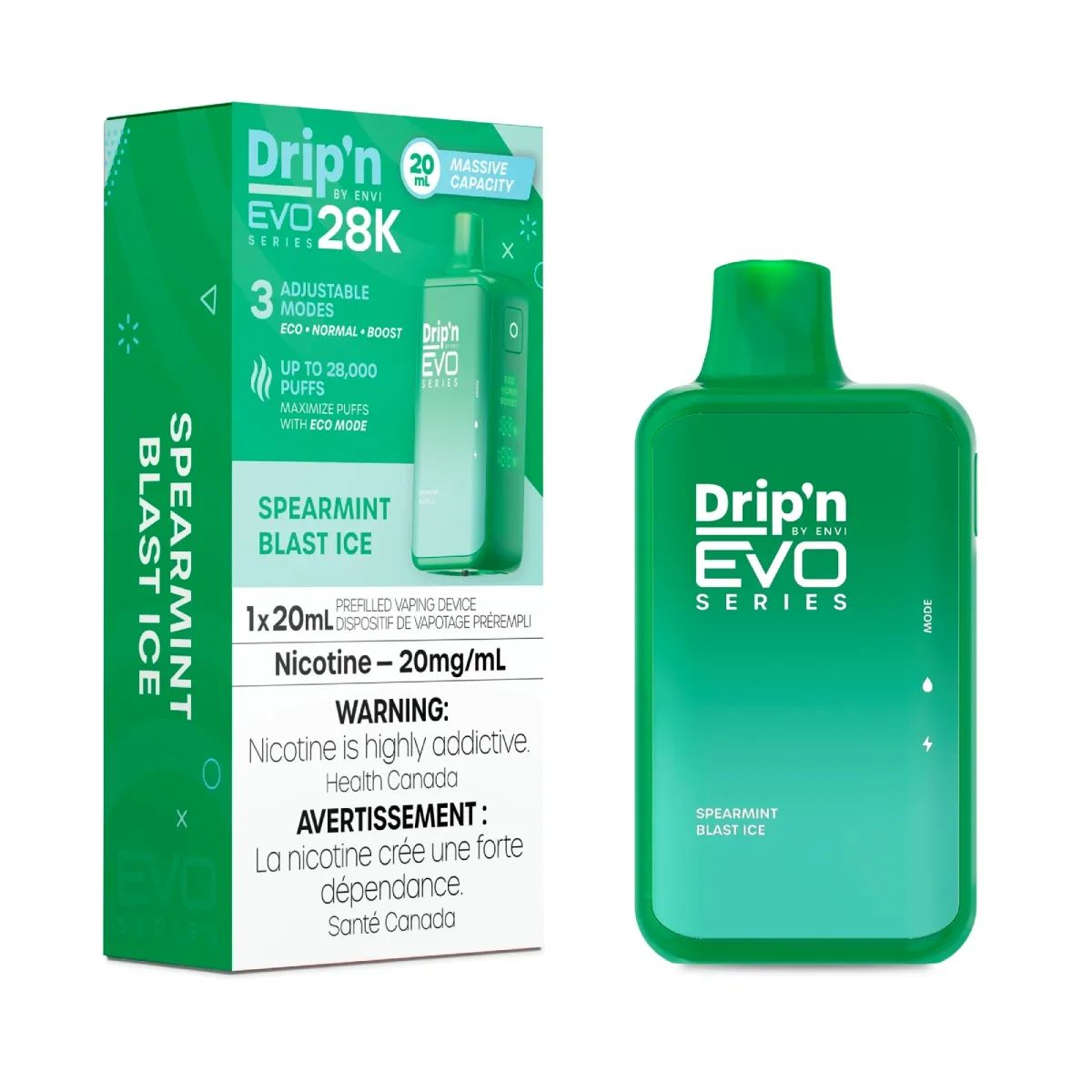 Spearmint Blast Ice - Drip&#39;n by Envi Evo Series 28K Disposable, Nicotine: 20mg