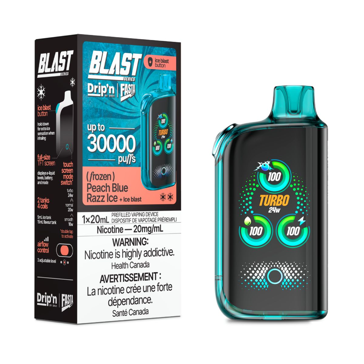 Peach Blue Razz Ice - Drip&#39;n Blast Series by Envi 30K Disposable, Nicotine: 20mg