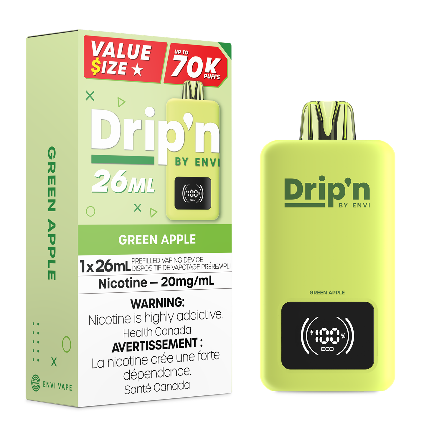 Green Apple - Drip&#39;n by Envi 26mL Disposable, Nicotine: 20mg