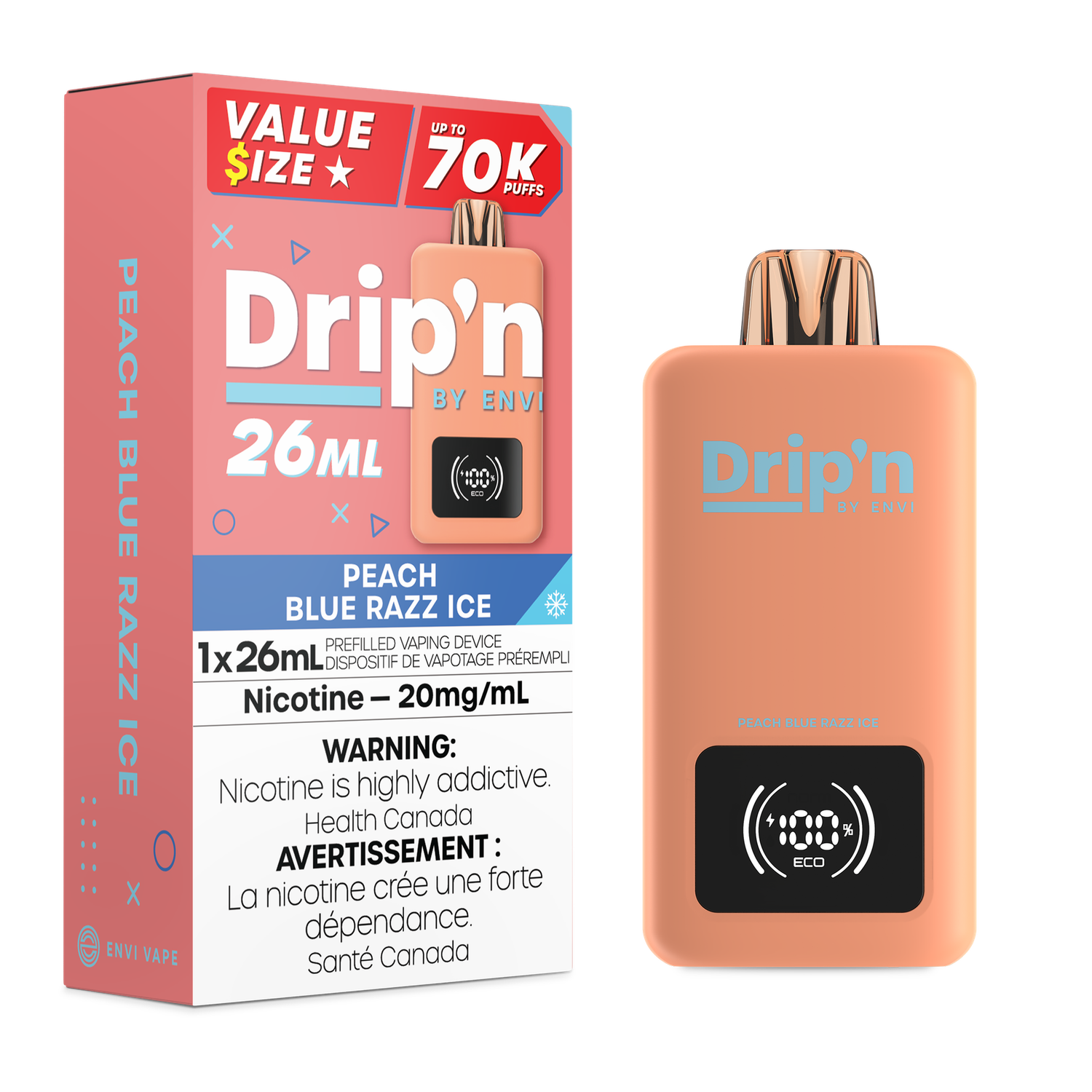 Peach Blue Razz Ice - Drip&#39;n by Envi 26mL Disposable, Nicotine: 20mg