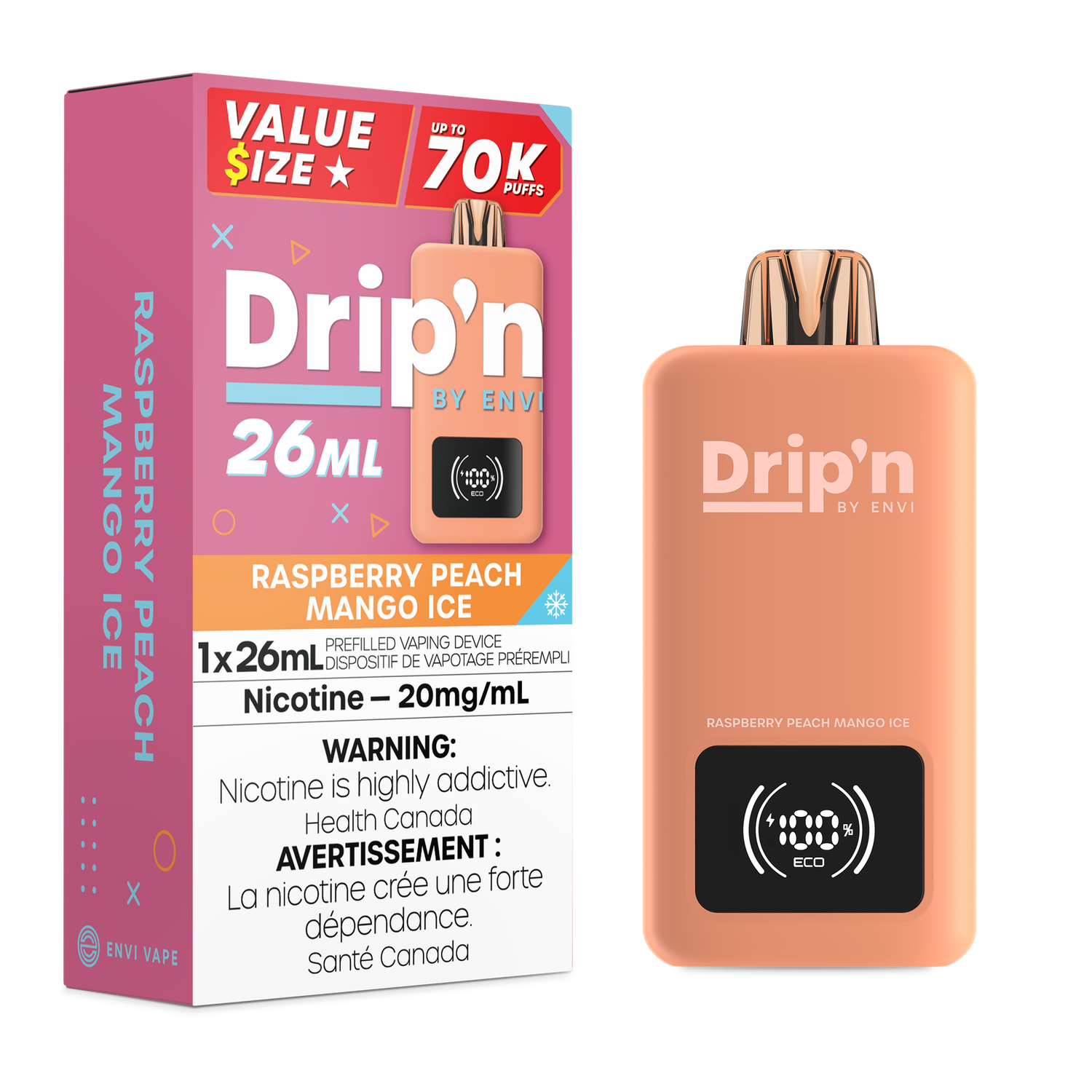 Raspberry Peach Mango Ice - Drip&#39;n by Envi 26mL Disposable, Nicotine: 20mg