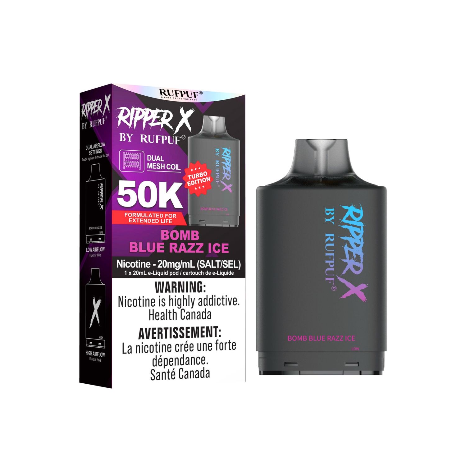 Bomb Blue Razz Ice Ripper X 50K Pod, Nicotine: 20mg
