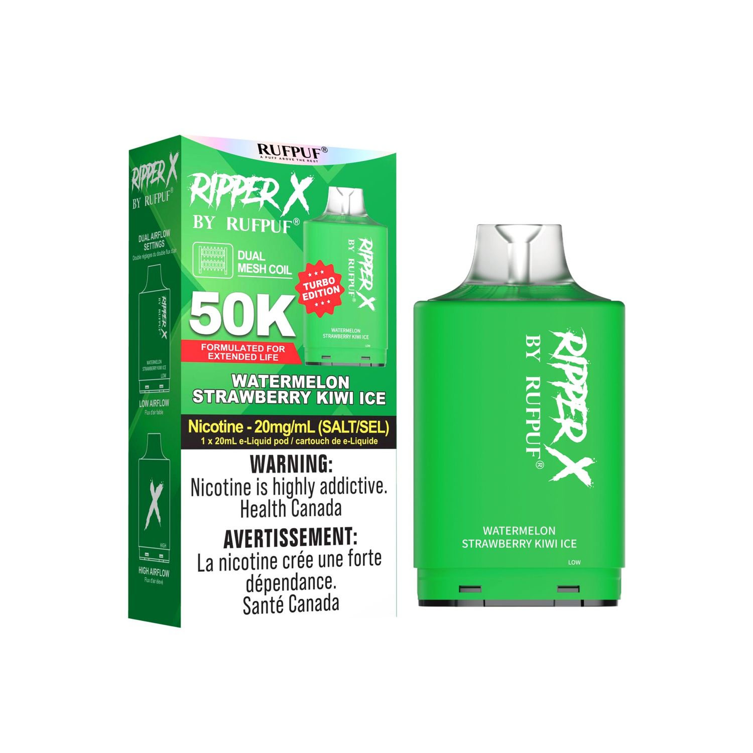 Watermelon Strawberry Kiwi Ice Ripper X 50K Pod, Nicotine: 20mg