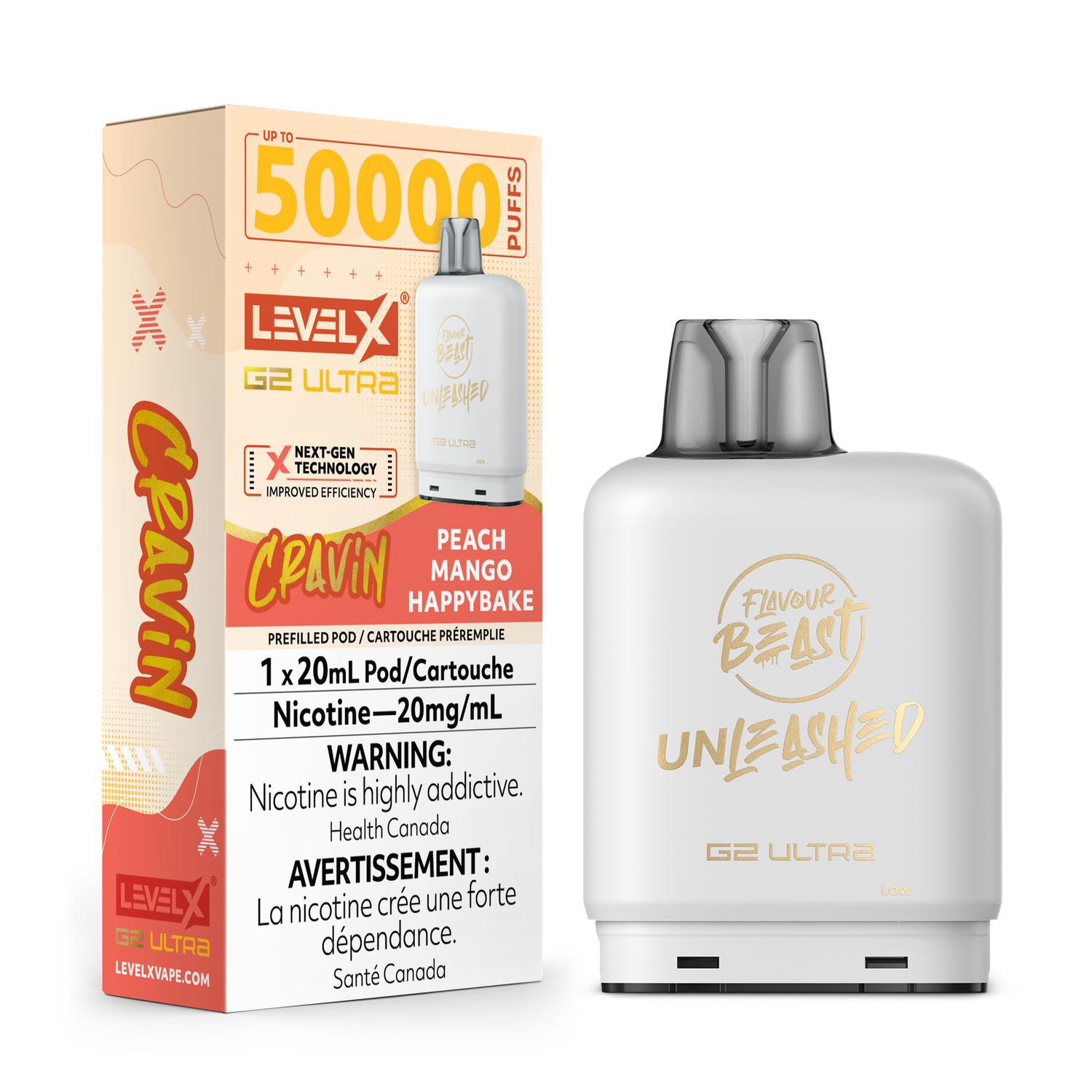 Cravin&#39; Peach Mango Happybake Flavour Beast Unleashed Level X G2 Ultra Pod, Nicotine: 20mg