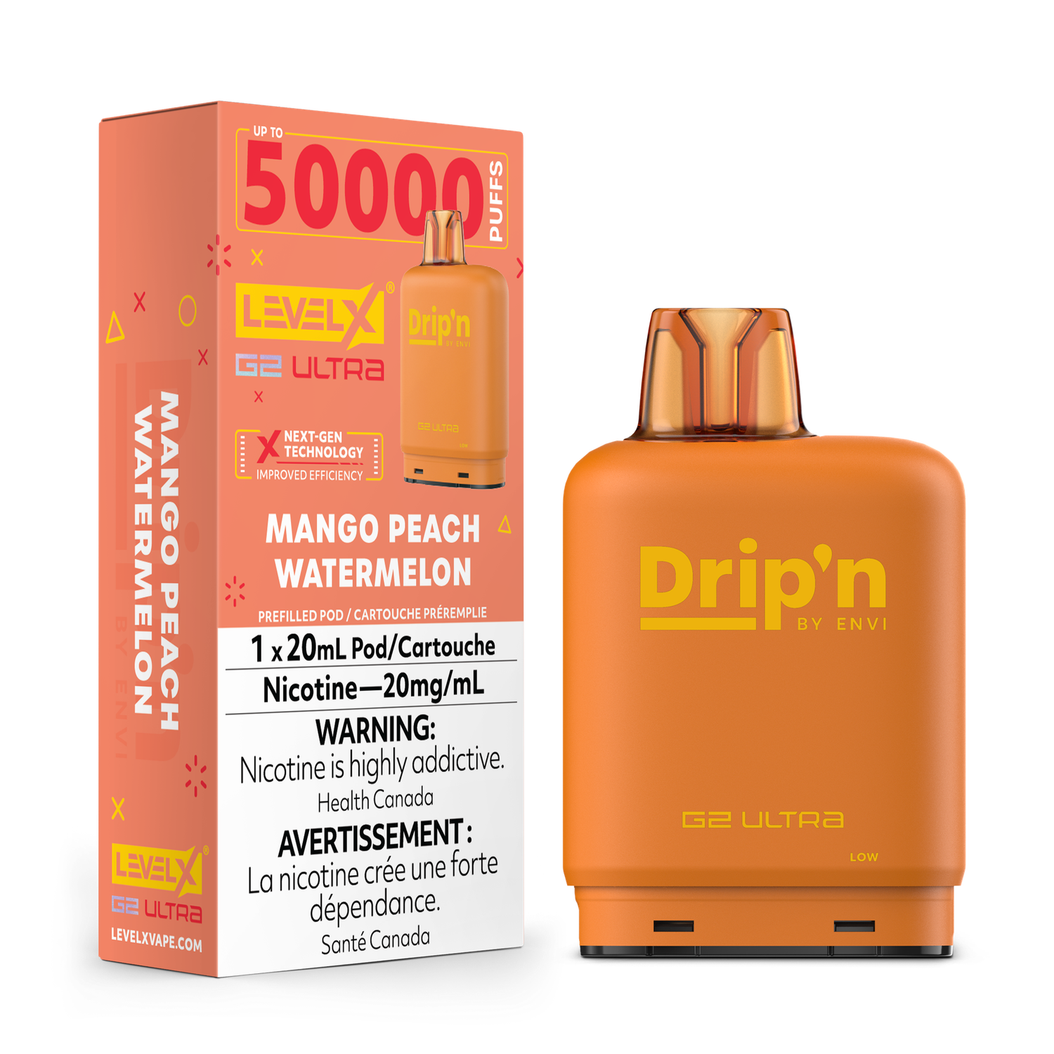 Mango Peach Watermelon Drip&#39;n Level X G2 Ultra Pod, Nicotine: 20mg