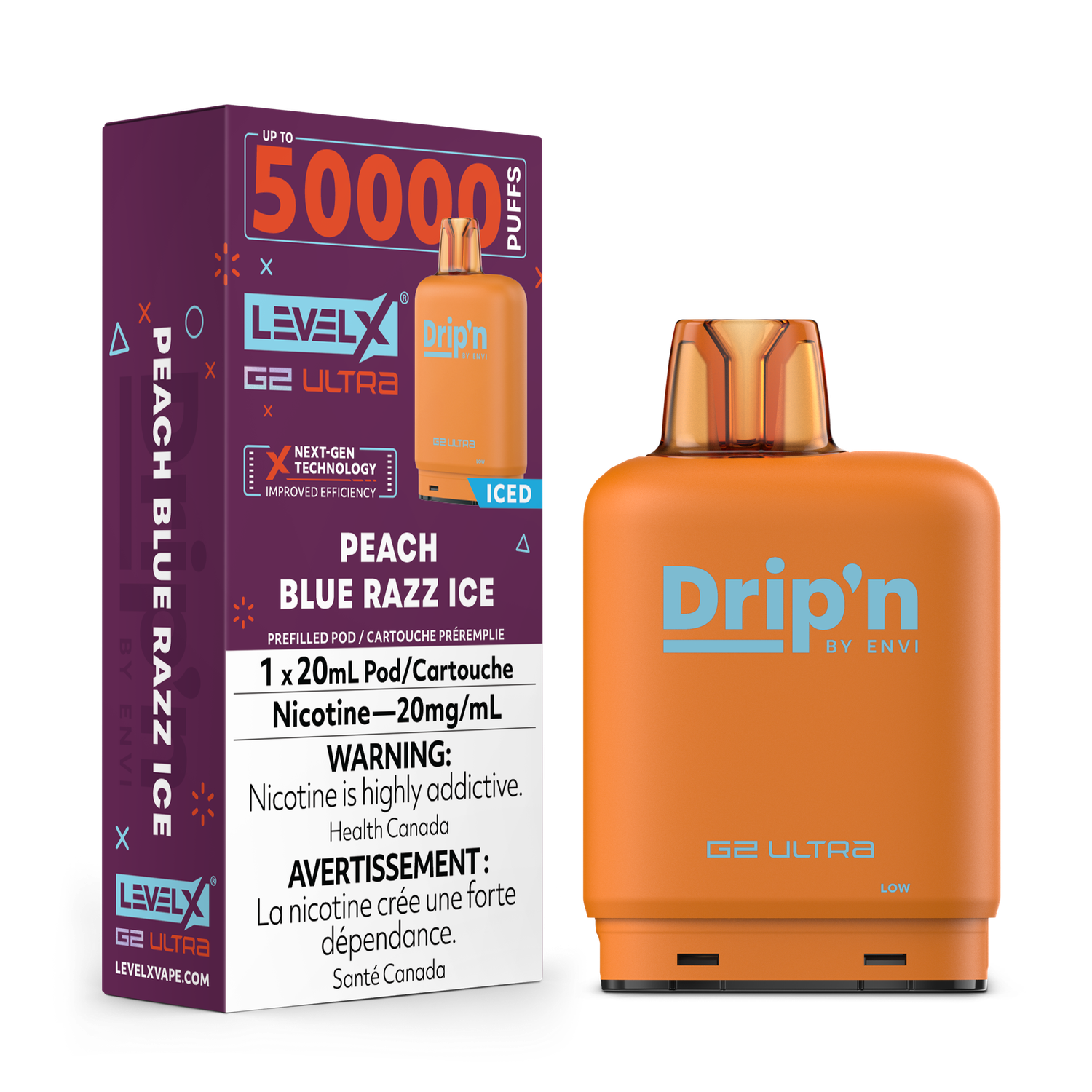 Peach Blue Razz Ice Drip&#39;n Level X G2 Ultra Pod, Nicotine: 20mg