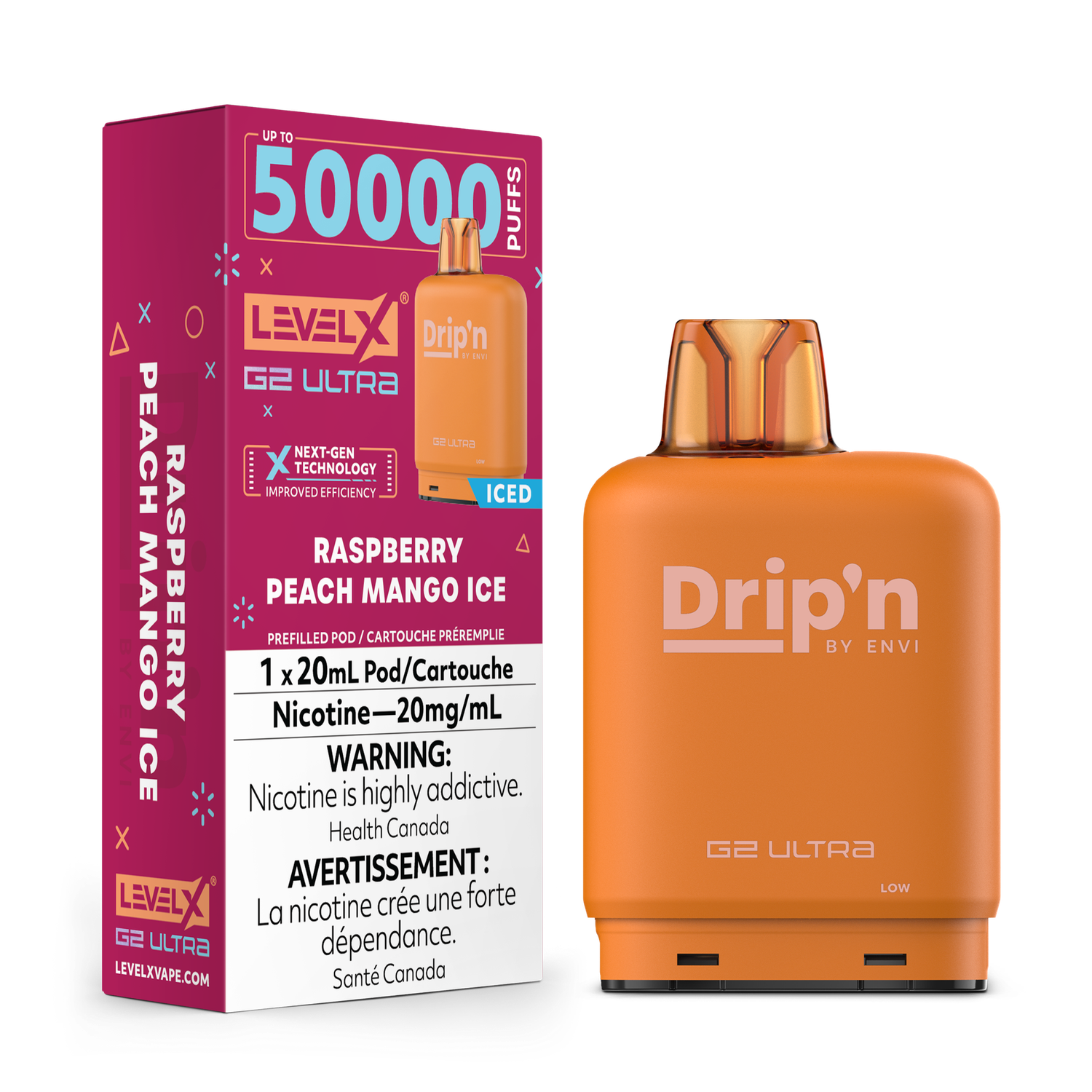 Raspberry Peach Mango Ice Drip&#39;n Level X G2 Ultra Pod, Nicotine: 20mg