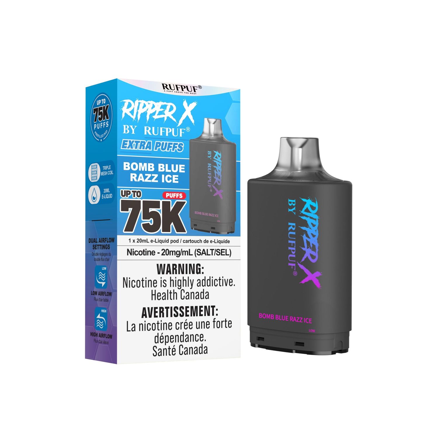 Bomb Blue Razz Ice Ripper X 75K Pod, Nicotine: 20mg