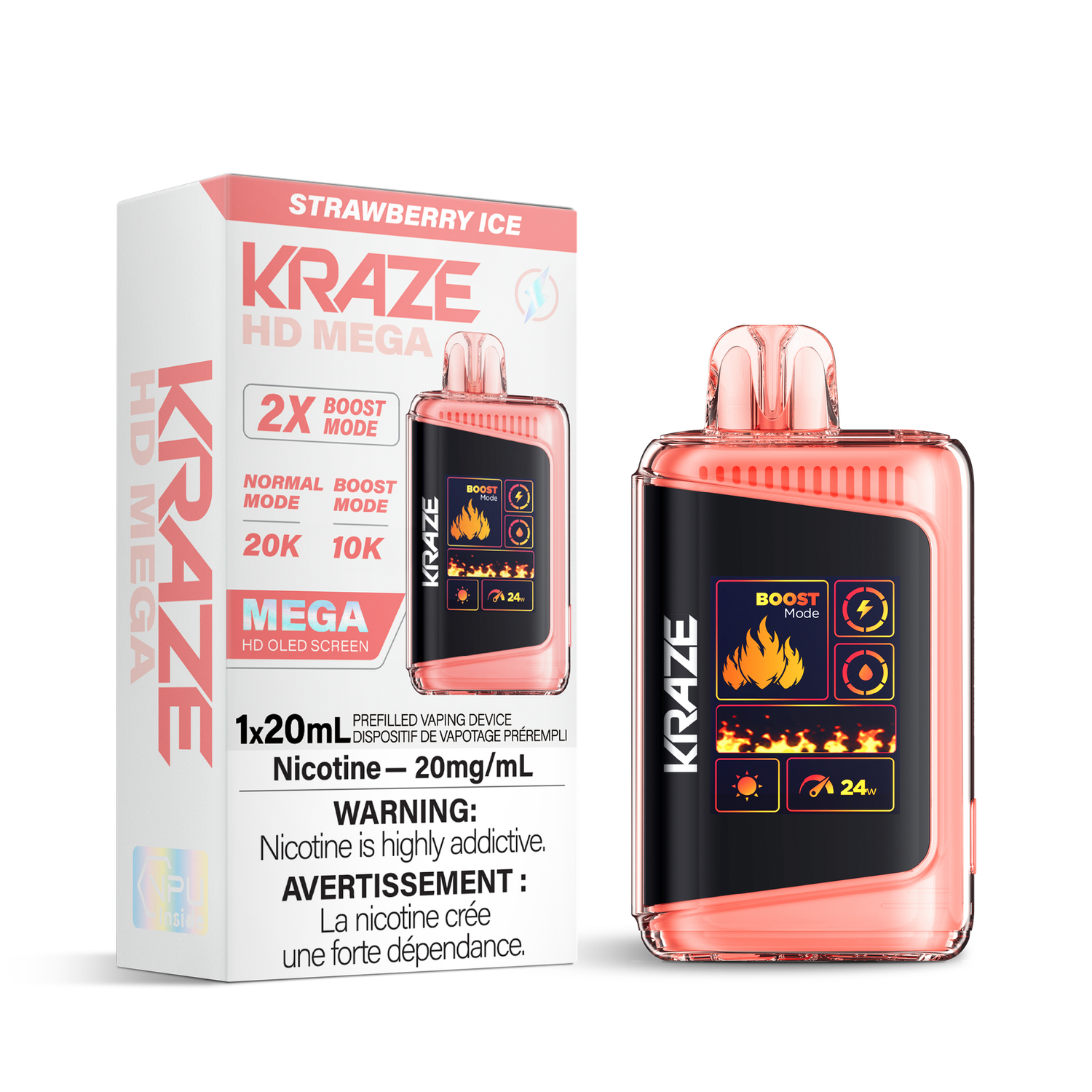 Strawberry Ice - Kraze HD Mega 20K Disposable, Nicotine: 20mg