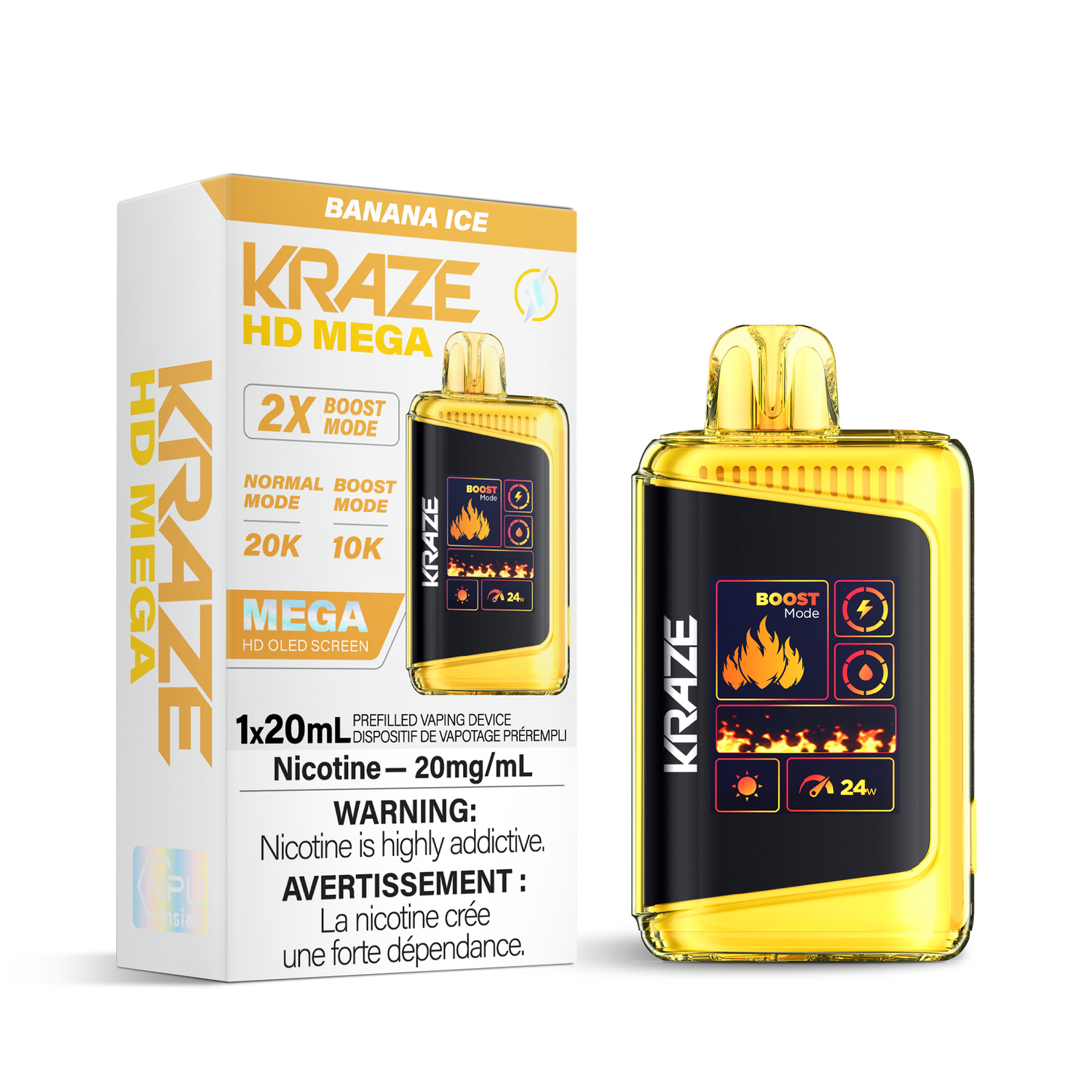 Banana Ice - Kraze HD Mega 20K Disposable, Nicotine: 20mg (Discontinued)