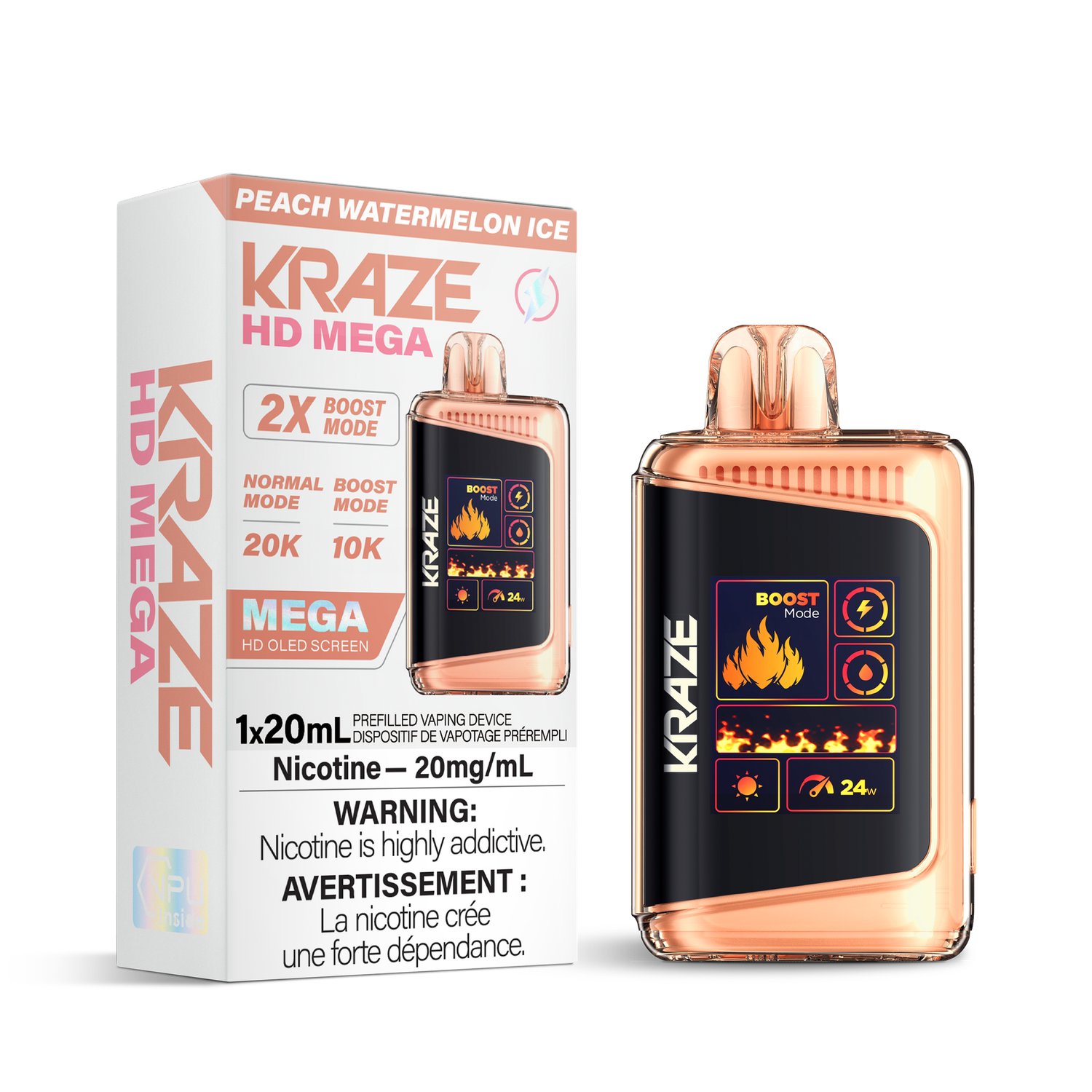 Peach Watermelon Ice - Kraze HD Mega 20K Disposable, Nicotine: 20mg