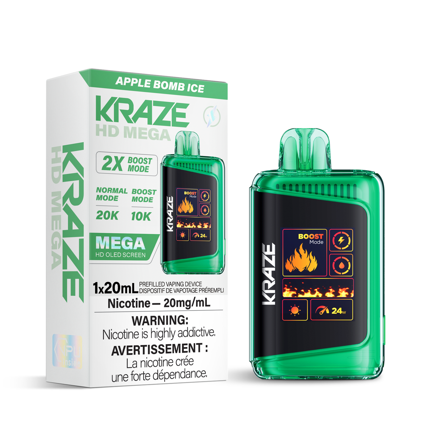 Apple Bomb Ice - Kraze HD Mega 20K Disposable, Nicotine: 20mg