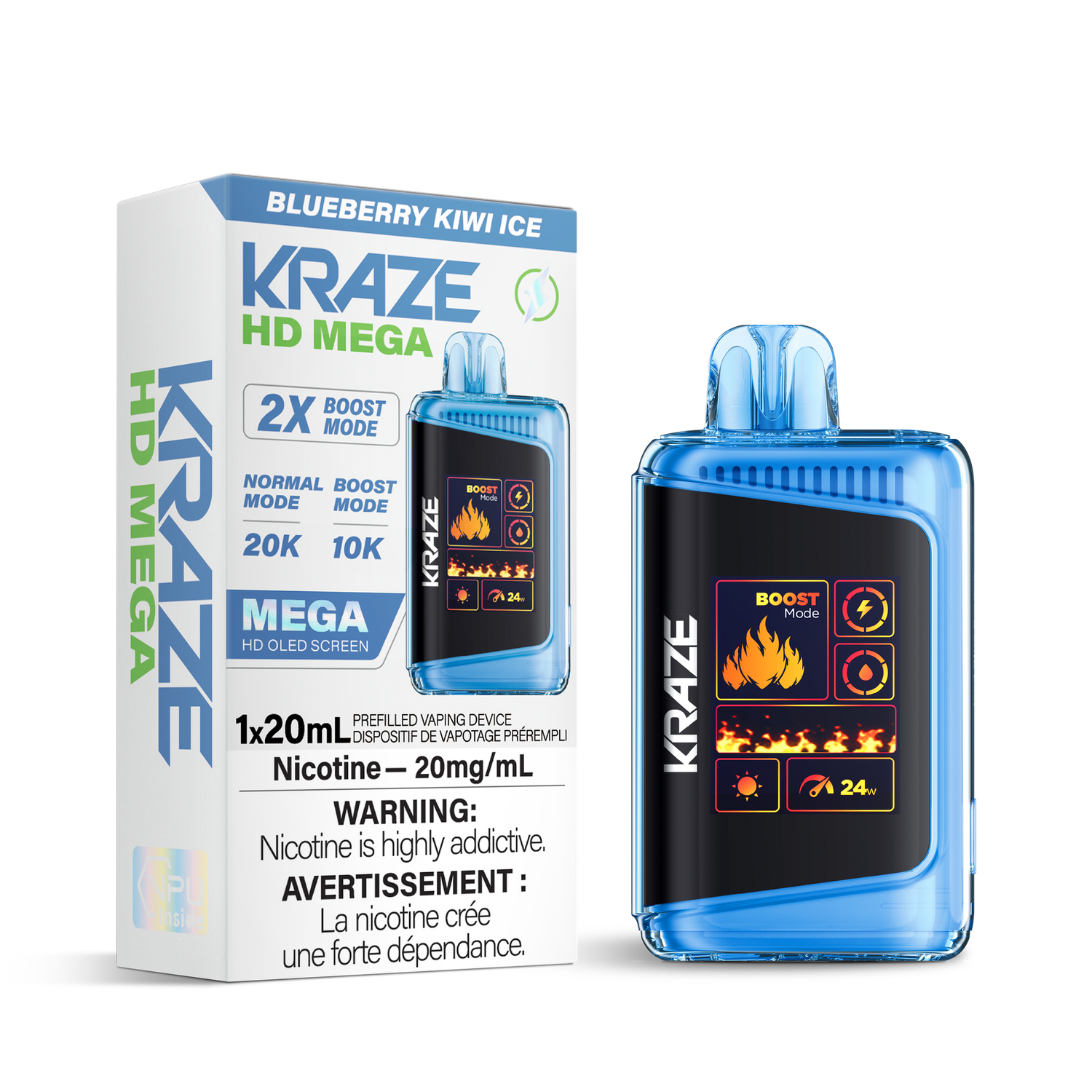 Blueberry Kiwi Ice - Kraze HD Mega 20K Disposable, Nicotine: 20mg
