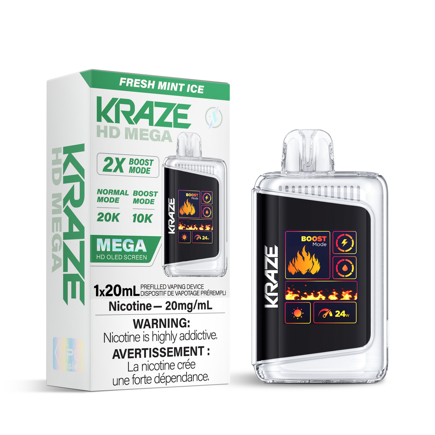 Fresh Mint Ice - Kraze HD Mega 20K Disposable, Nicotine: 20mg