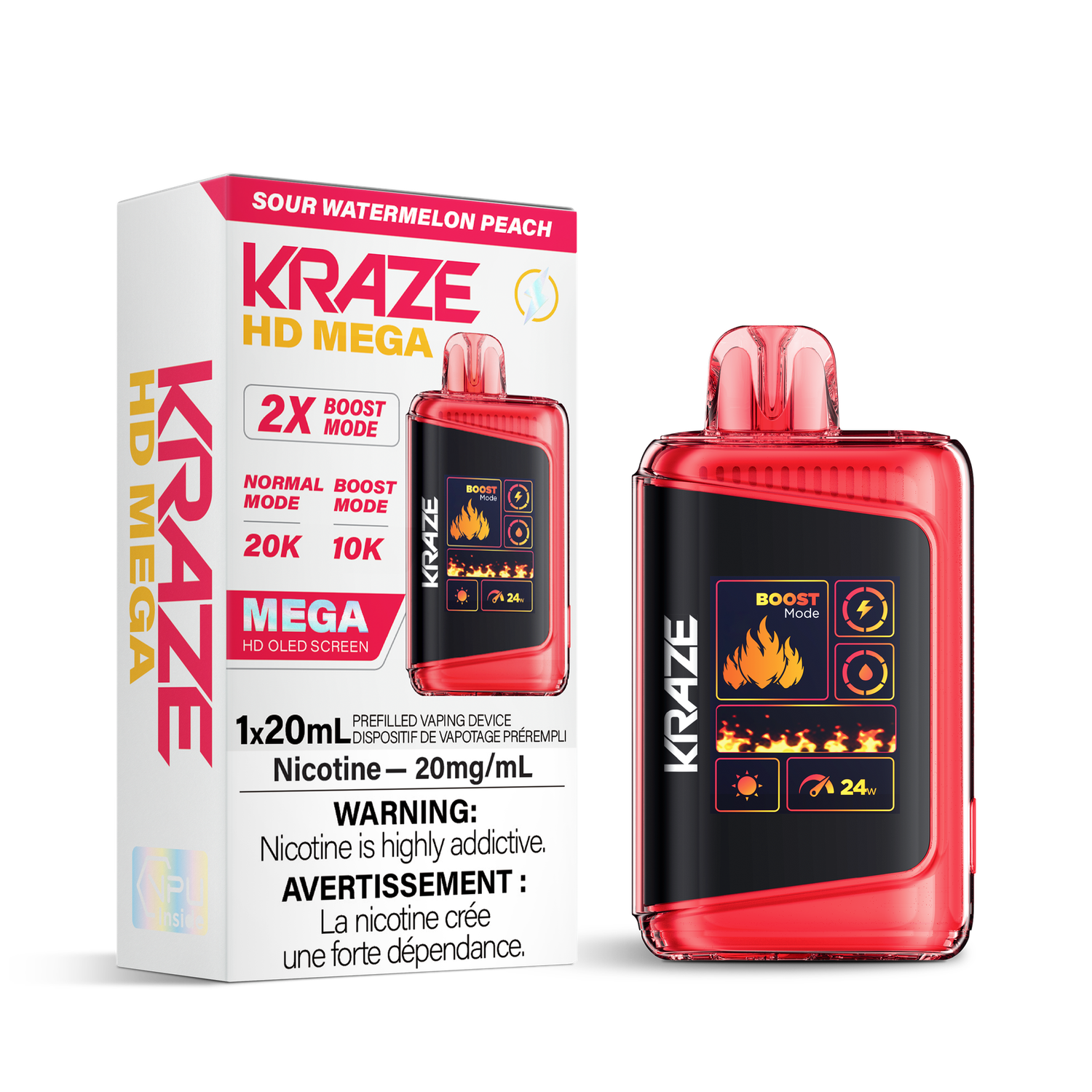 Sour Watermelon Peach - Kraze HD Mega 20K Disposable, Nicotine: 20mg
