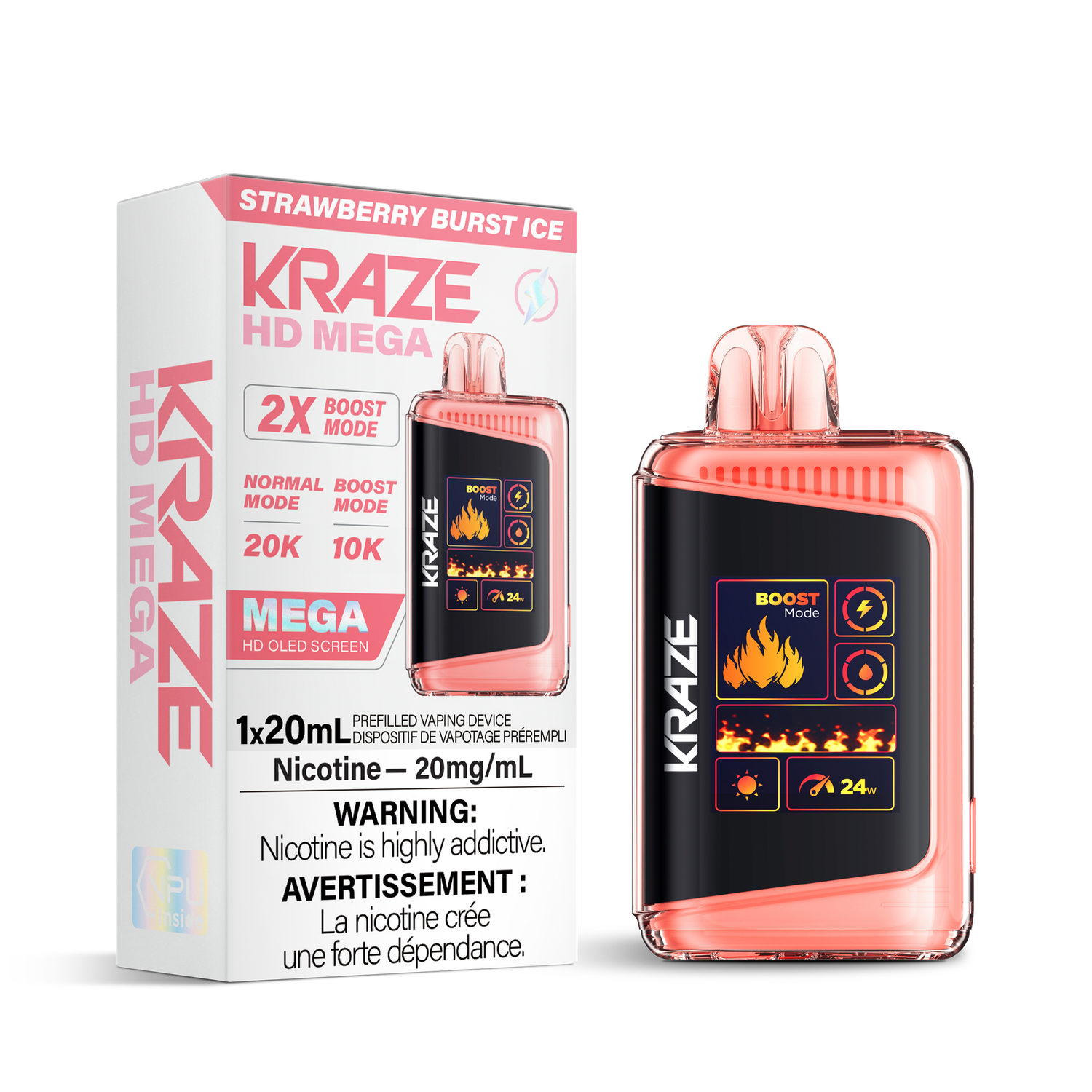 Strawberry Burst Ice - Kraze HD Mega 20K Disposable, Nicotine: 20mg