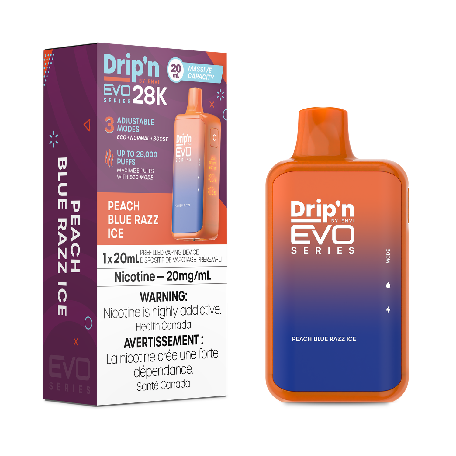 Peach Blue Razz Ice - Drip'n by Envi Evo Series 28K Disposable, Nicotine: 20mg (Discontinued)