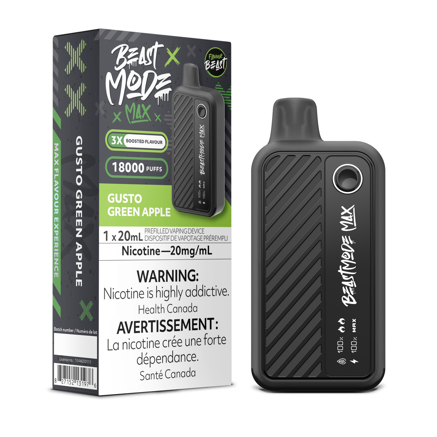 Gusto Green Apple - Flavour Beast Beast Mode Max Disposable, Nicotine: 20mg (Discontinued)