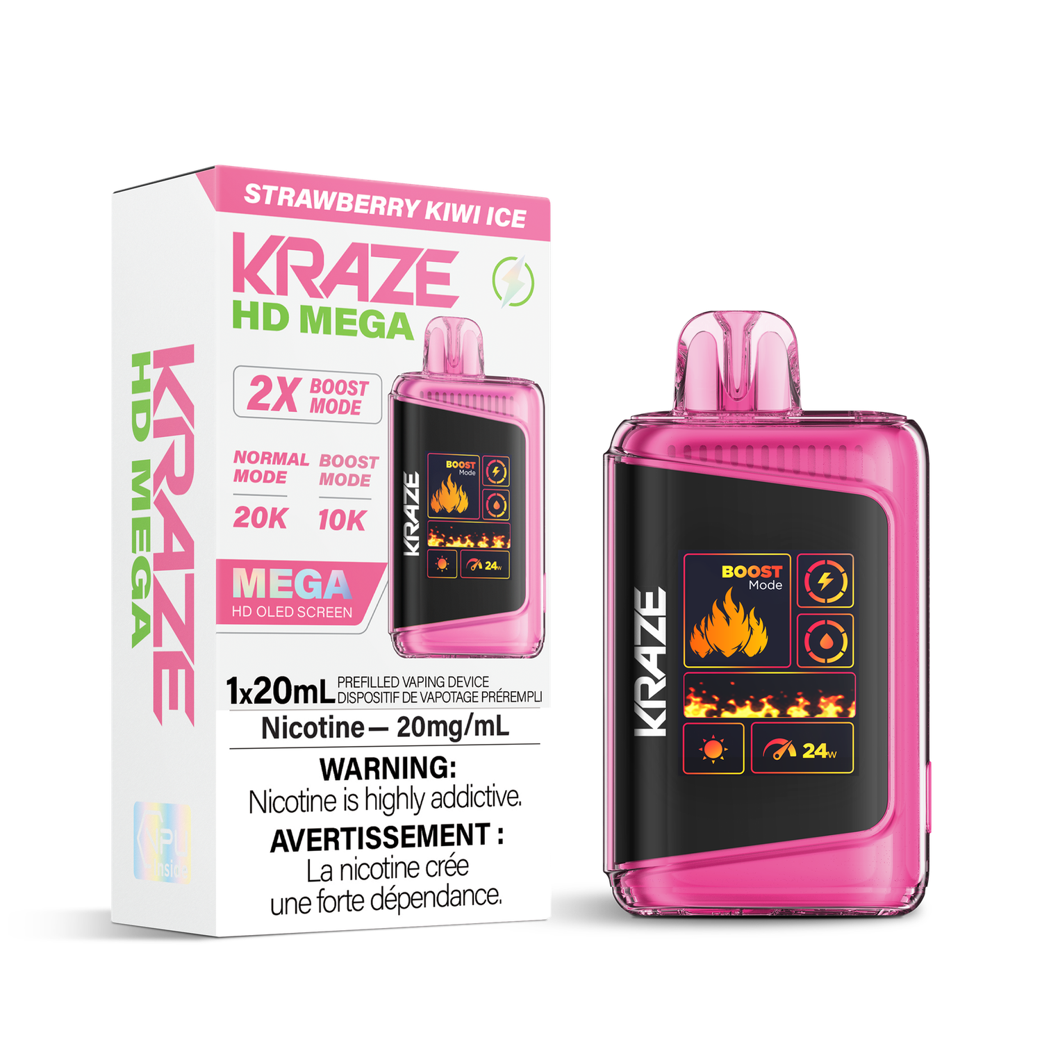 Strawberry Kiwi Ice - Kraze HD Mega 20K Disposable, Nicotine: 20mg (Discontinued)