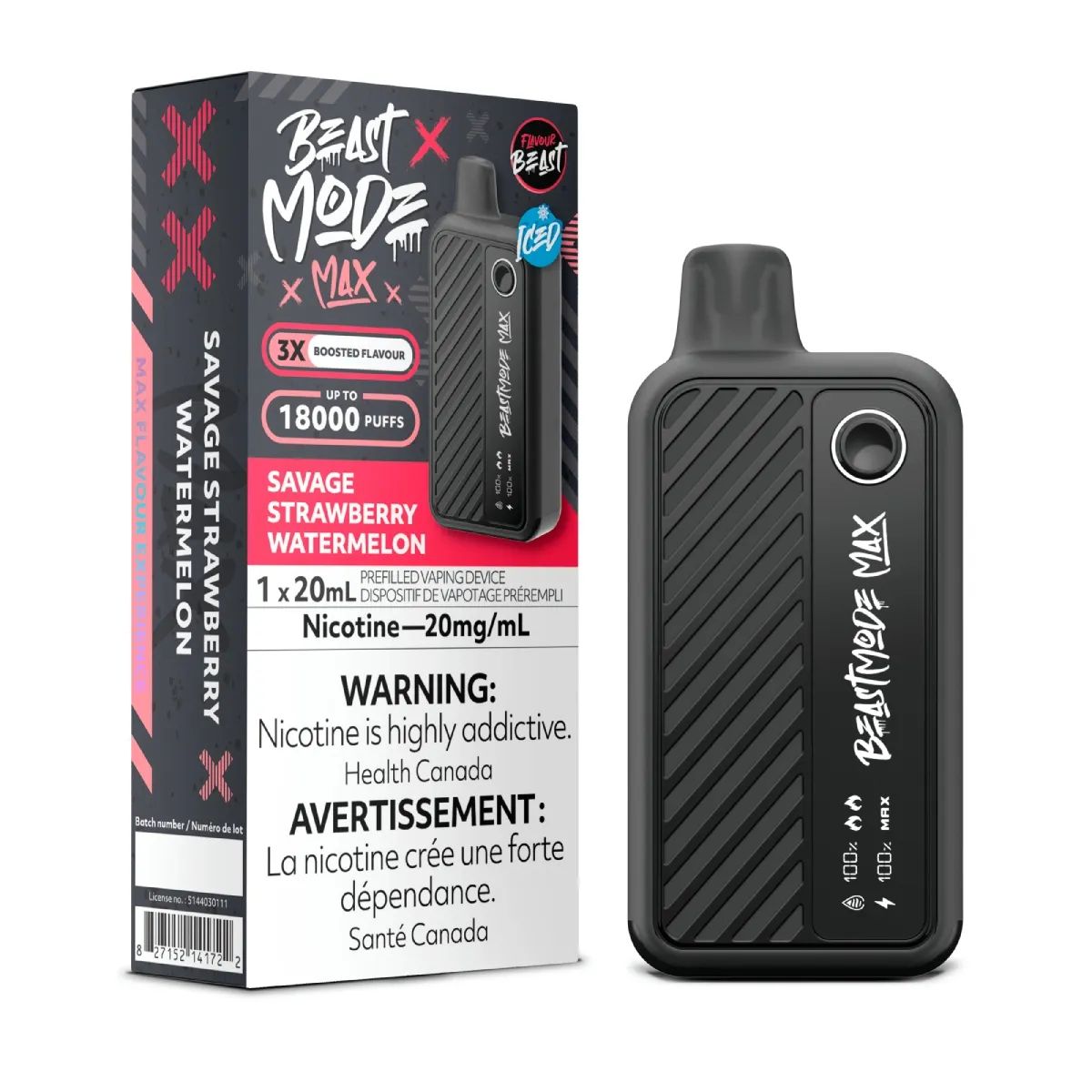 Savage Strawberry Watermelon Iced - Flavour Beast Beast Mode Max Disposable, Nicotine: 20mg (Discontinued)
