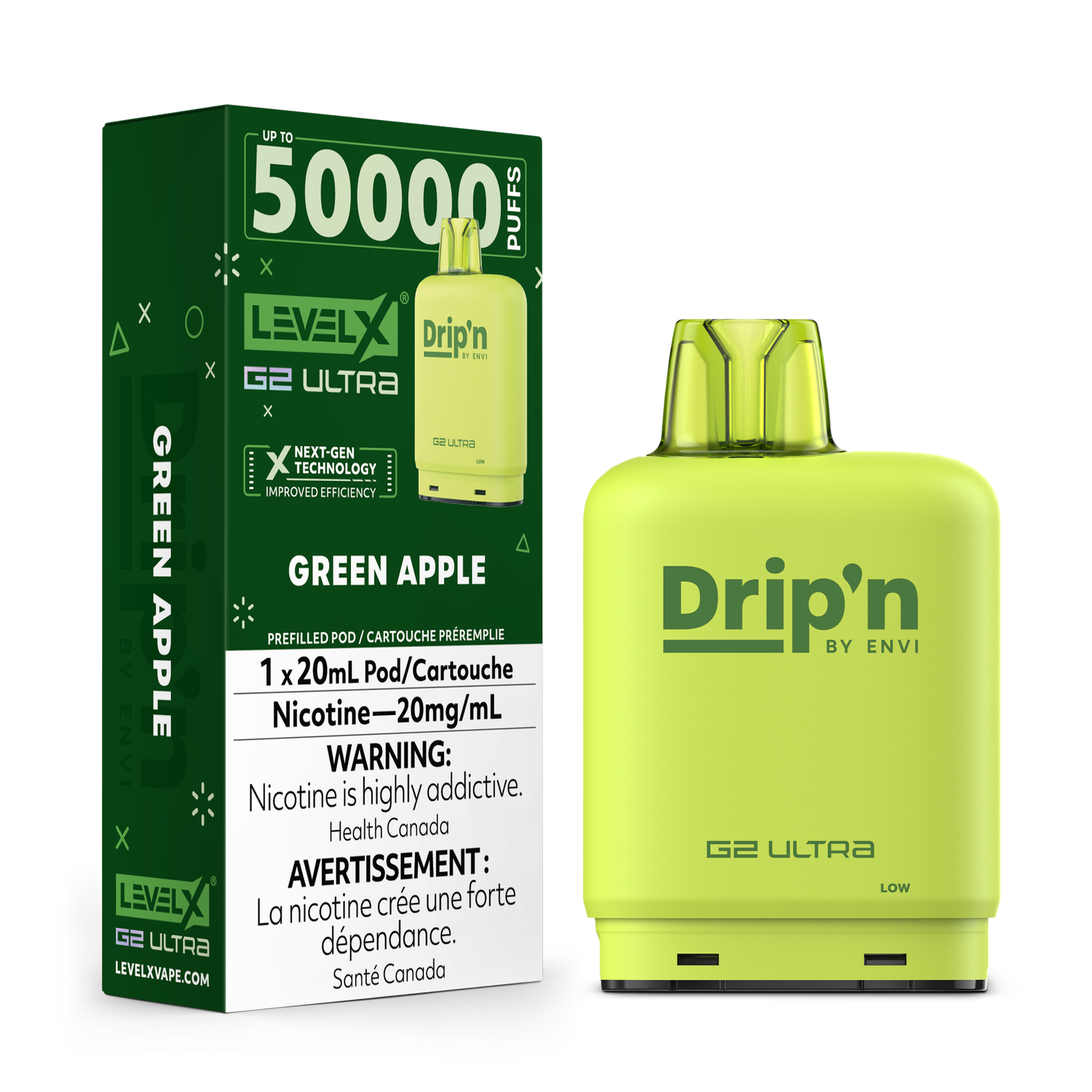 Green Apple Drip'n Level X G2 Ultra Pod, Nicotine: 20mg (Discontinued)