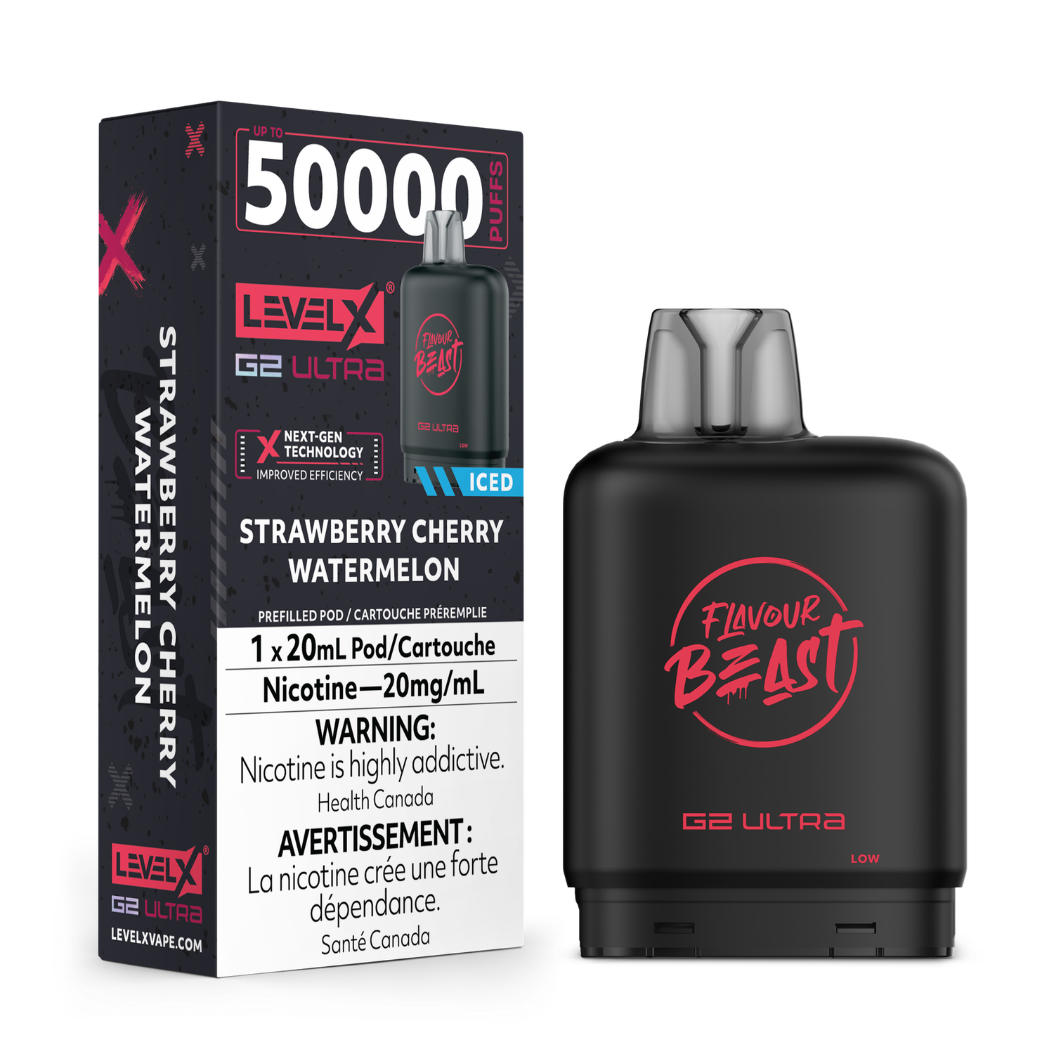 Strawberry Cherry Watermelon Iced Flavour Beast Level X G2 Ultra Pod, Nicotine: 20mg