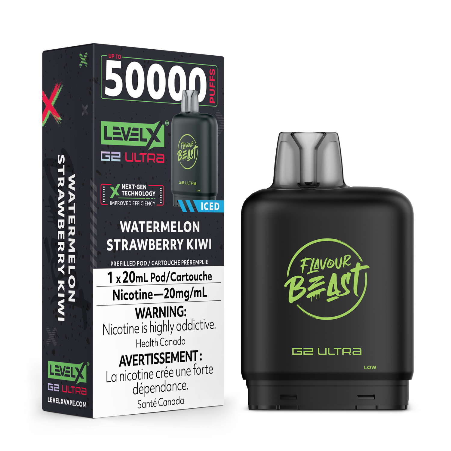 Watermelon Strawberry Kiwi Iced Flavour Beast Level X G2 Ultra Pod, Nicotine: 20mg