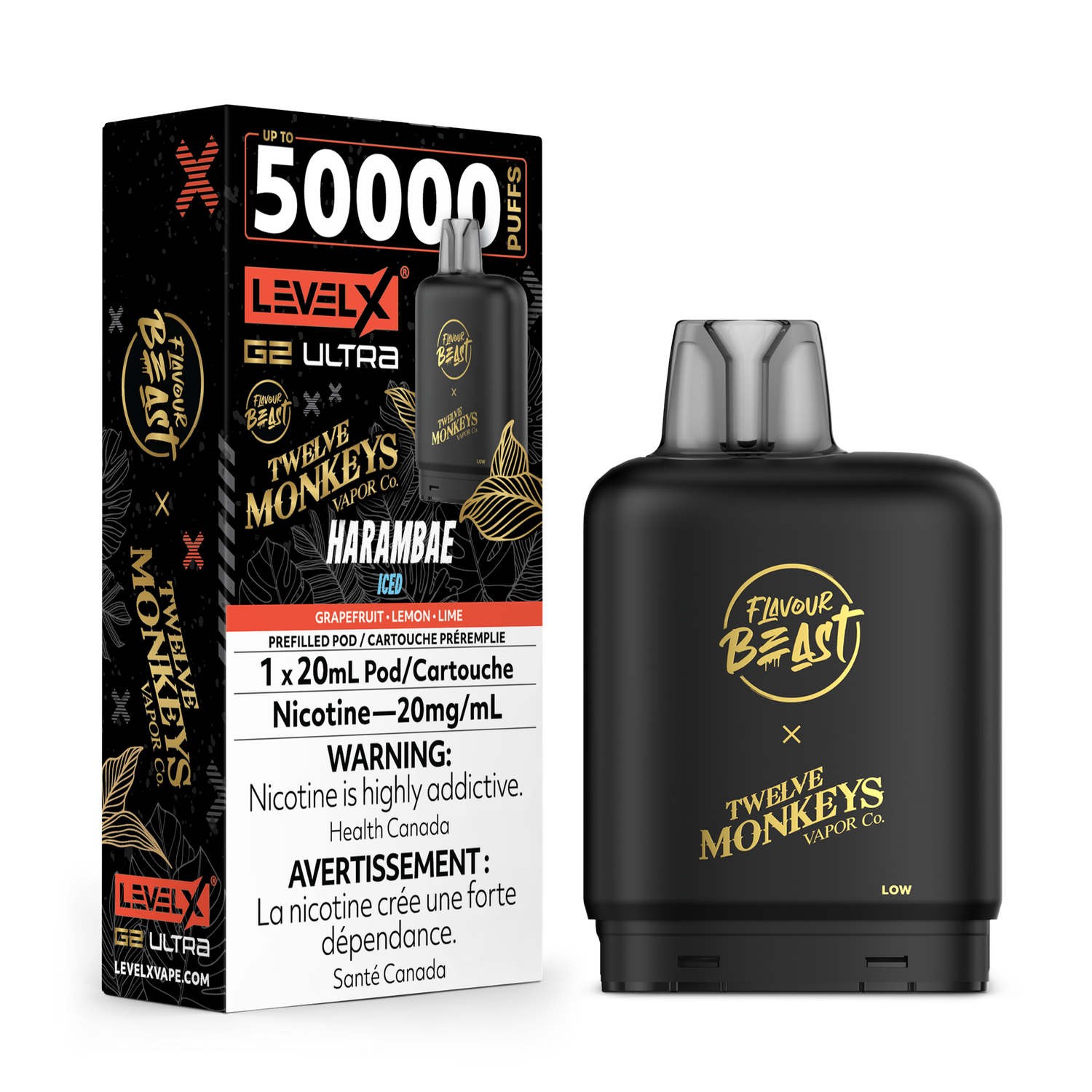 Harambae Iced Flavour Beast x Twelve Monkeys Level X G2 Ultra Pod, Nicotine: 20mg
