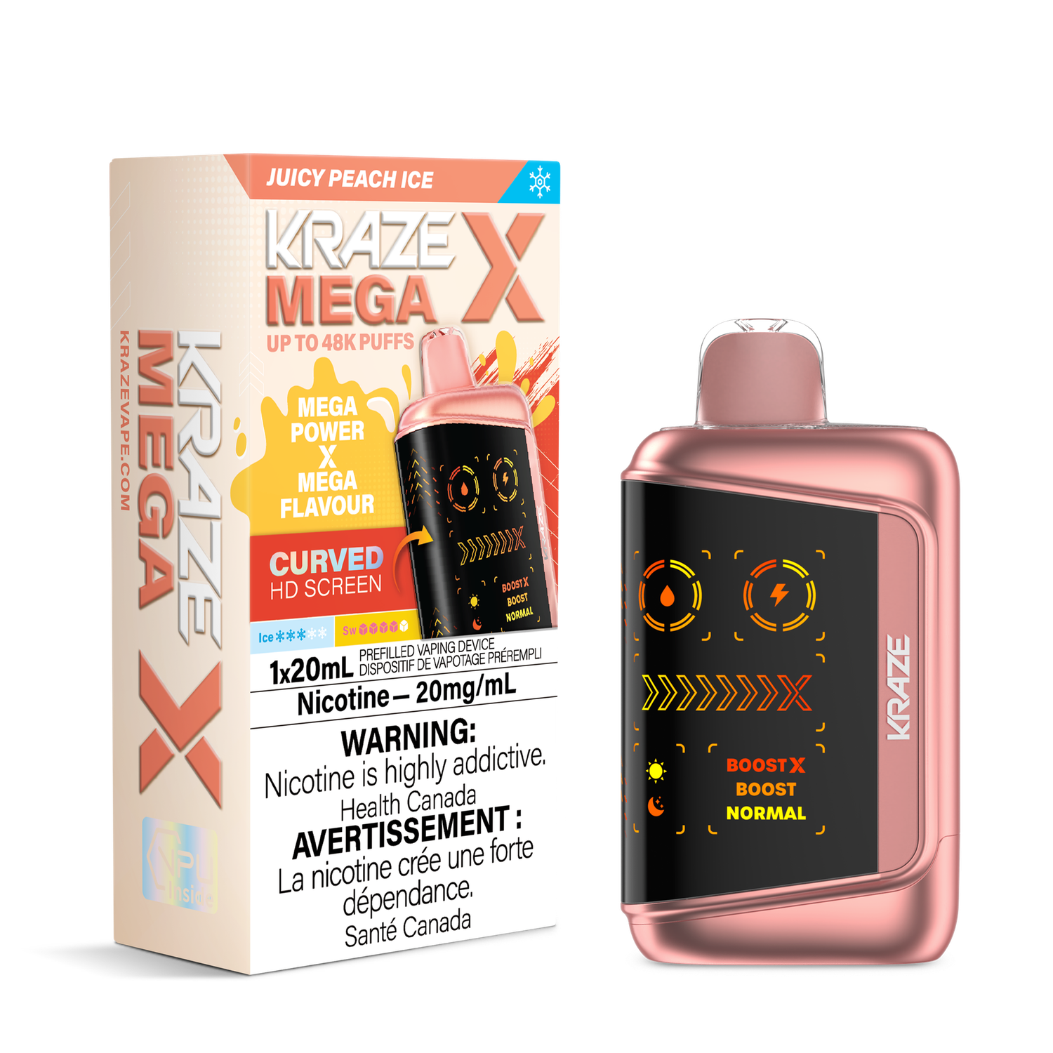 Juicy Peach Ice - Kraze Mega X Disposable, Nicotine: 20mg