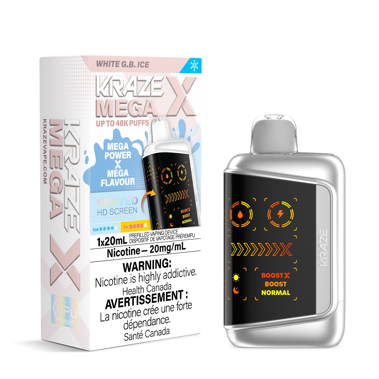 White G.B Ice - Kraze Mega X Disposable, Nicotine: 20mg