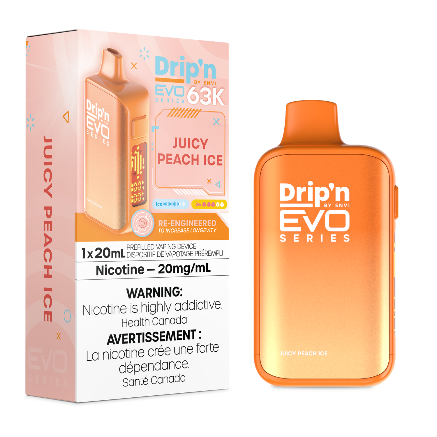 Juicy Peach Ice - Drip'n by Envi Evo 63K Disposable, Nicotine: 20mg