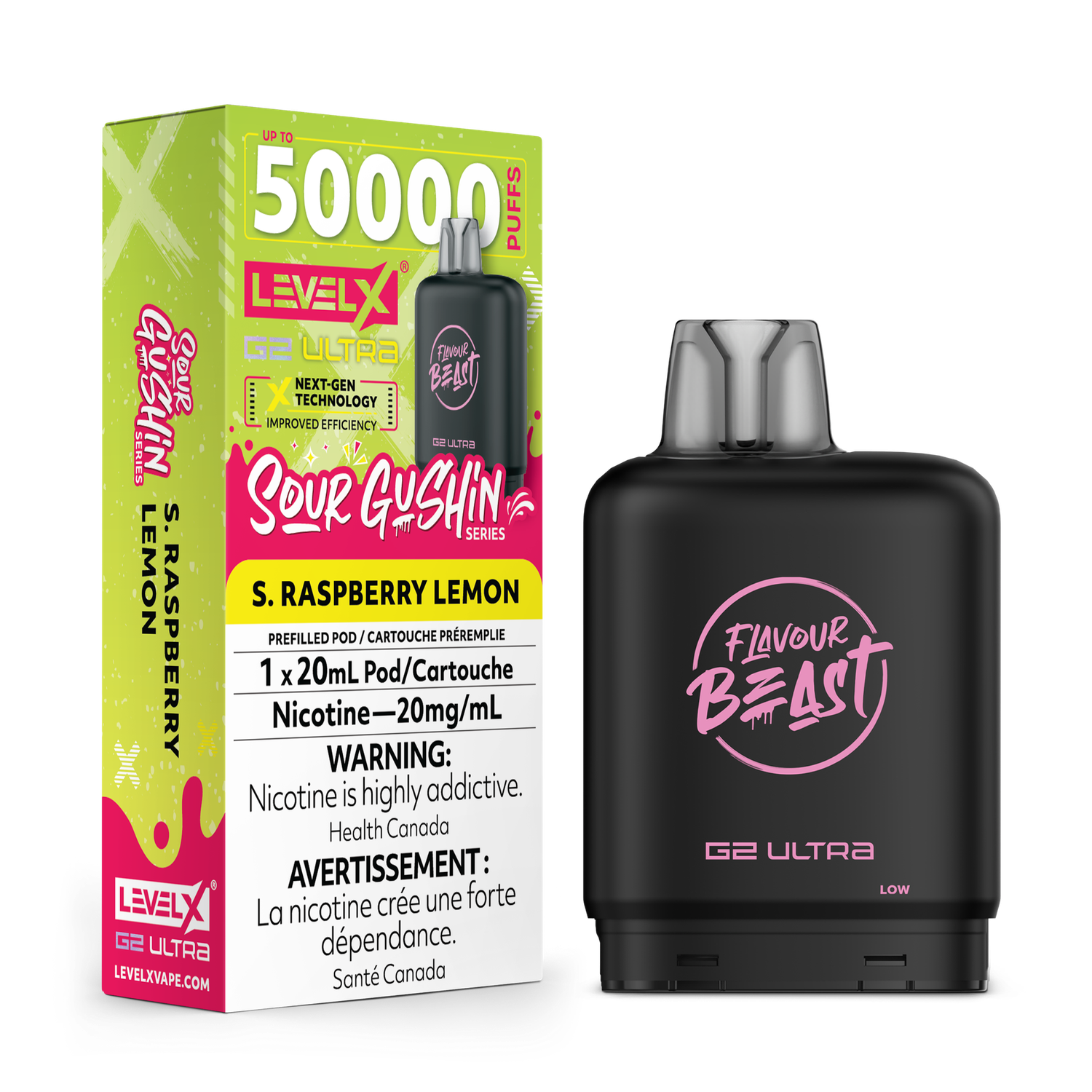 Sour Gushin' S. Raspberry Lemon Flavour Beast Level X G2 Ultra Pod, Nicotine: 20mg