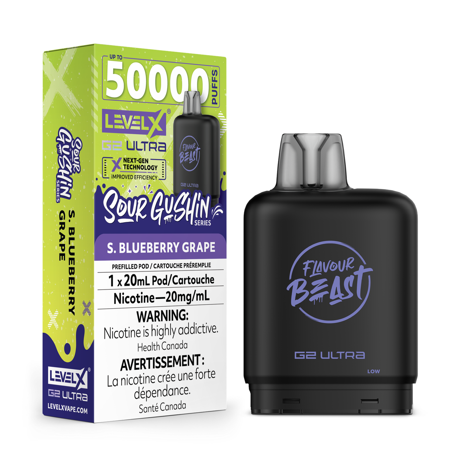 Sour Gushin' S. Blueberry Grape Flavour Beast Level X G2 Ultra Pod, Nicotine: 20mg
