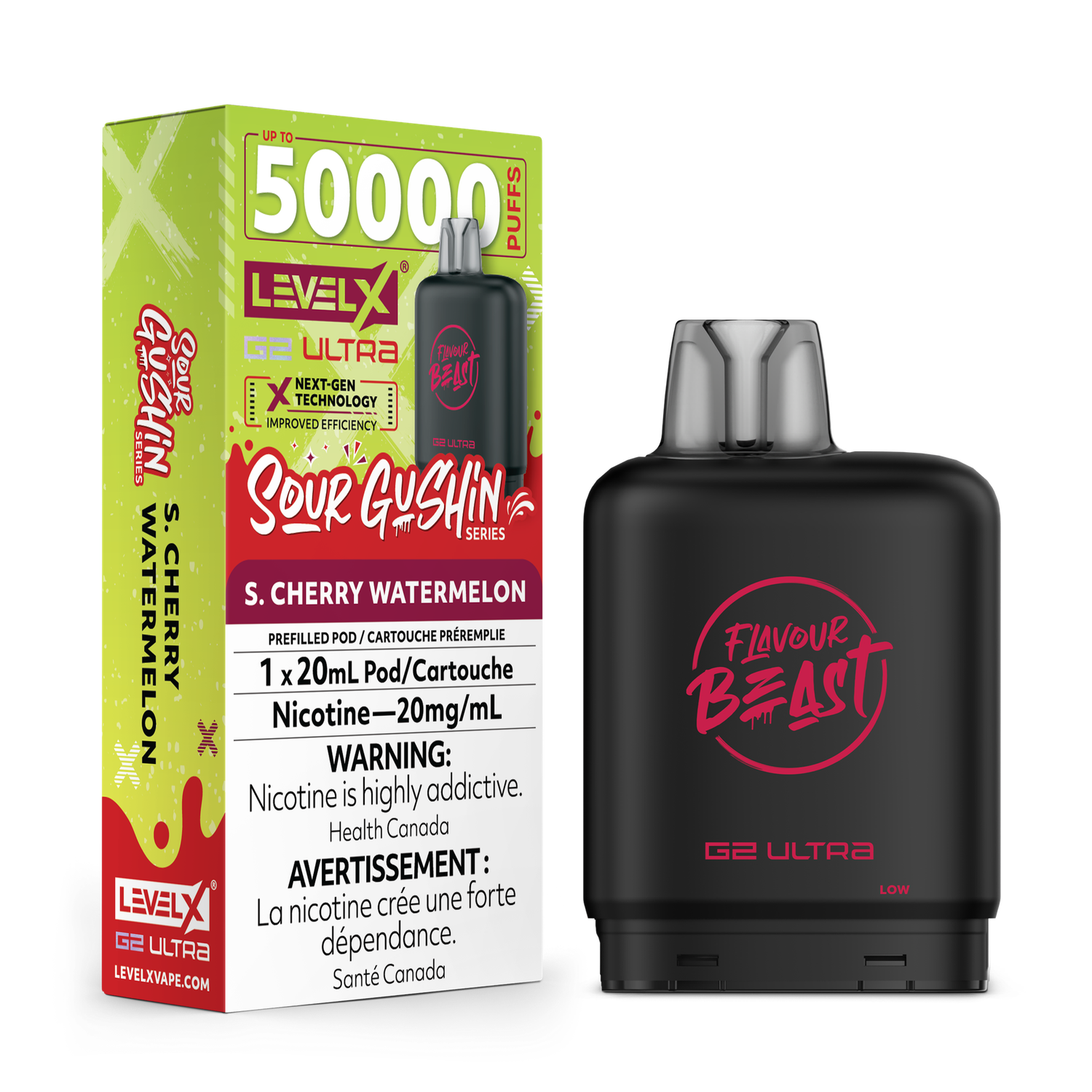 Sour Gushin' S. Cherry Watermelon Flavour Beast Level X G2 Ultra Pod, Nicotine: 20mg