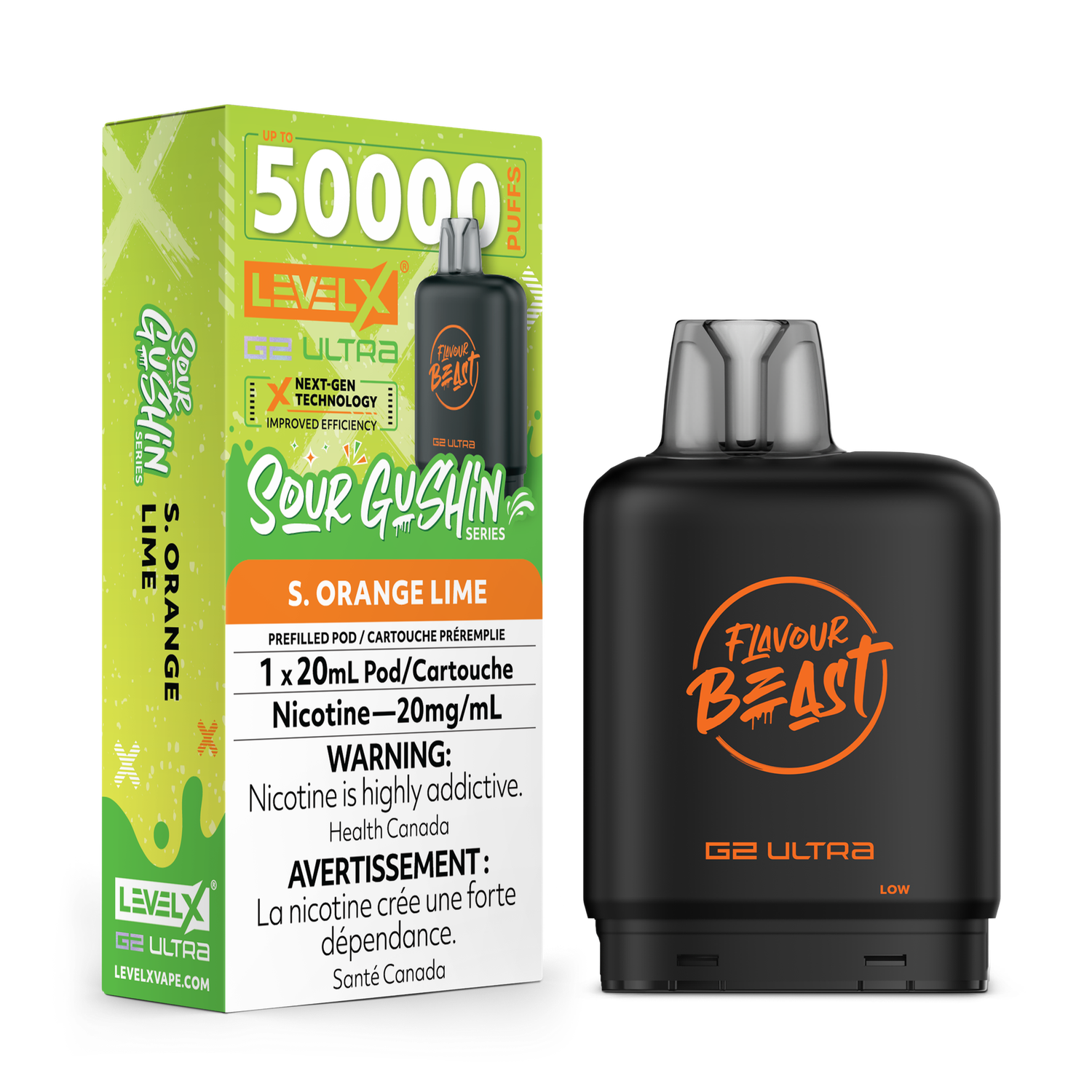 Sour Gushin' S. Orange Lime Flavour Beast Level X G2 Ultra Pod, Nicotine: 20mg