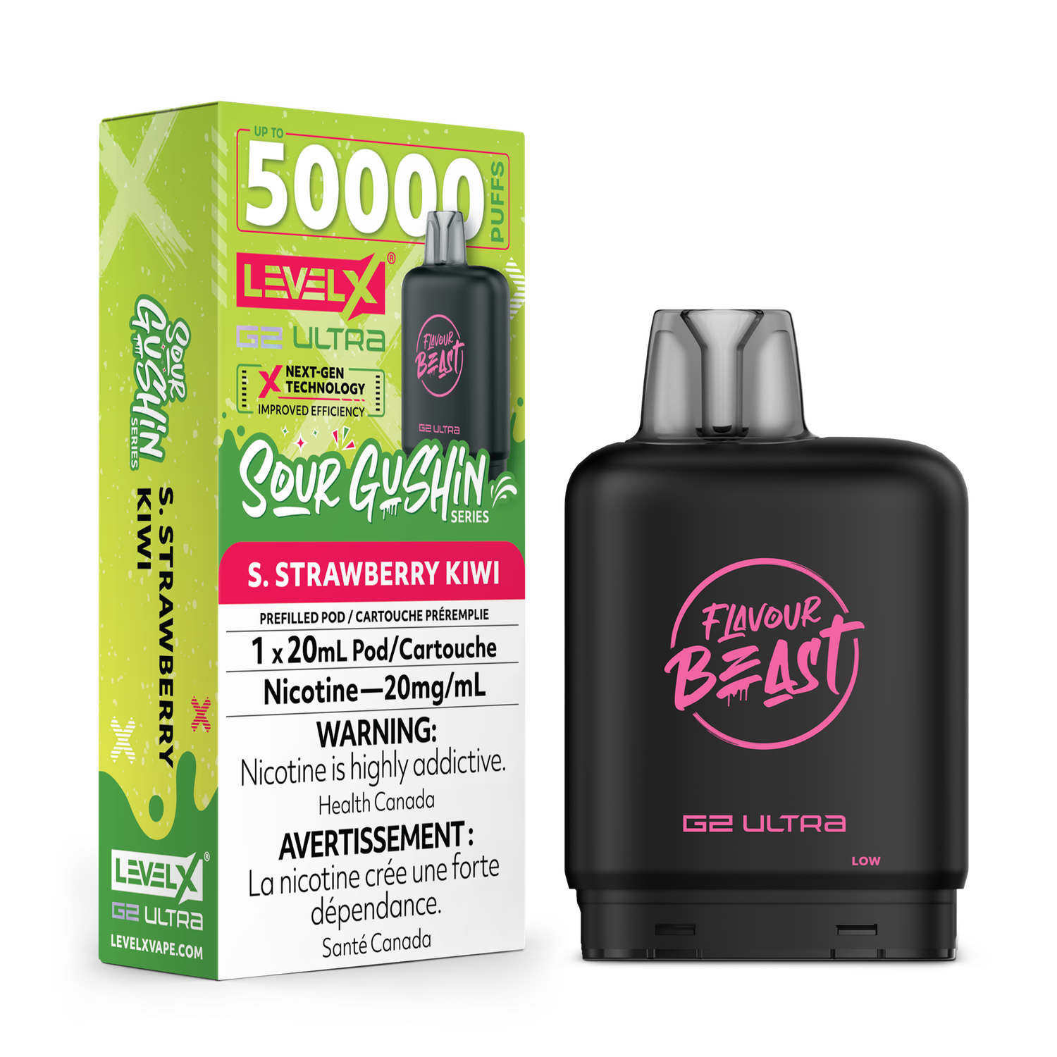 Sour Gushin' S. Strawberry Kiwi Flavour Beast Level X G2 Ultra Pod, Nicotine: 20mg
