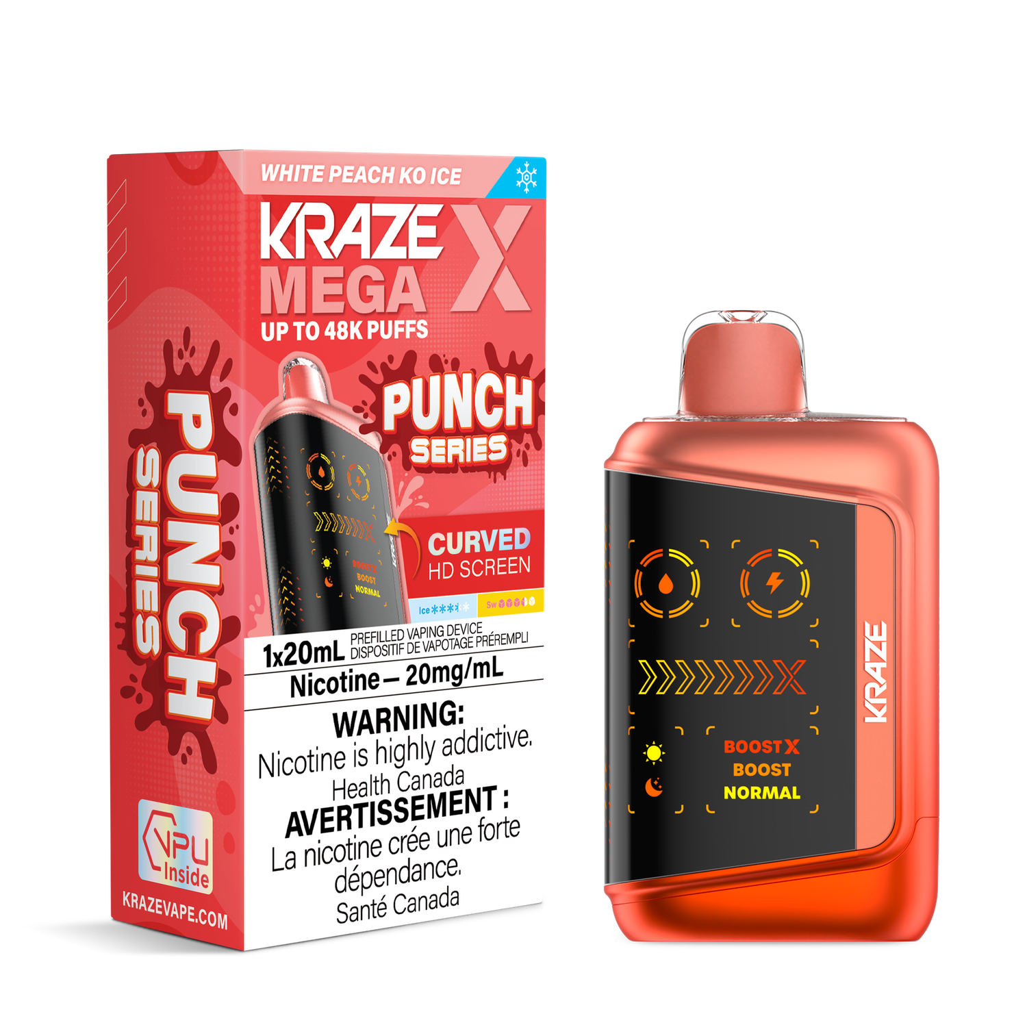 White Peach KO Ice - Kraze Mega X Disposable, Nicotine: 20mg