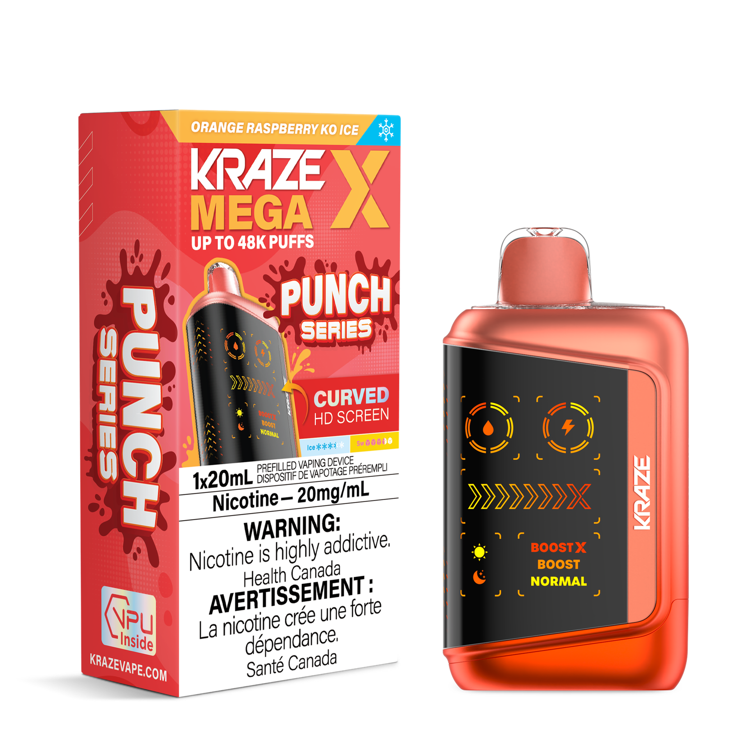 Orange Raspberry KO Ice - Kraze Mega X Disposable, Nicotine: 20mg