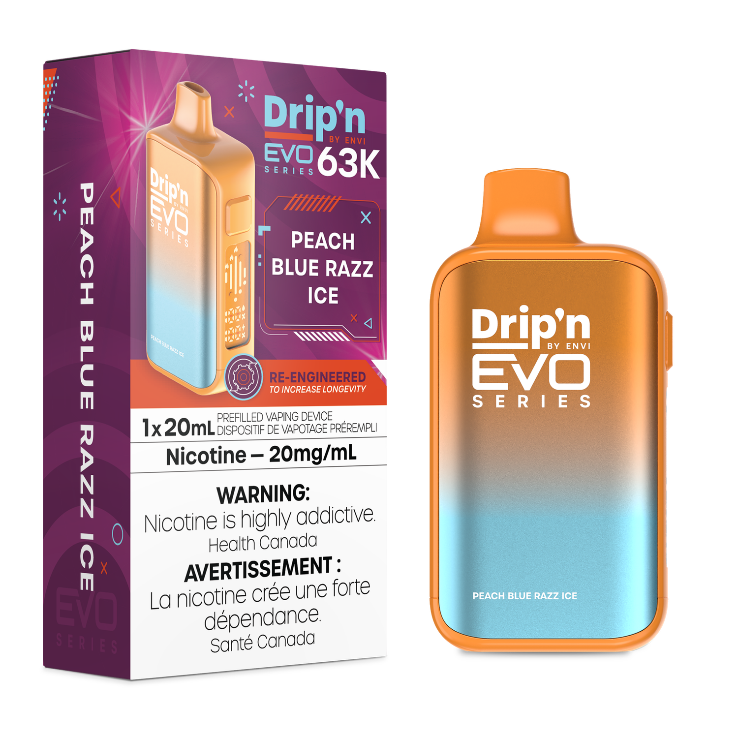 Peach Blue Razz Ice - Drip'n by Envi Evo 63K Disposable, Nicotine: 20mg