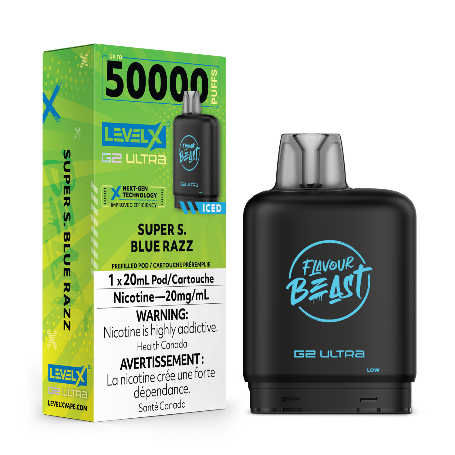 Super S. Blue Razz Iced Flavour Beast Level X G2 Ultra Pod, Nicotine: 20mg