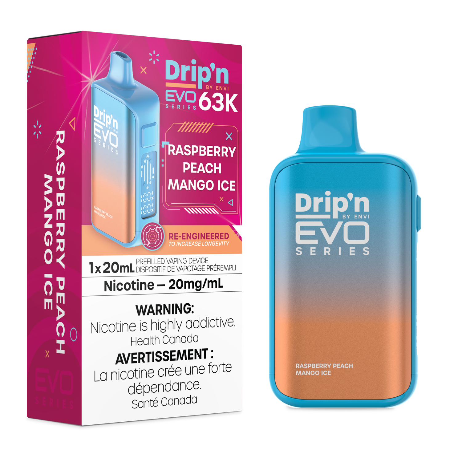 Raspberry Peach Mango Ice - Dripn' by Envi Evo 63K Disposable, Nicotine: 20mg