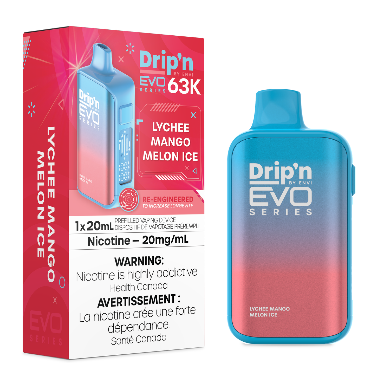 Lychee Mango Melon Ice - Drip'n by Envi Evo 63K Disposable, Nicotine: 20mg