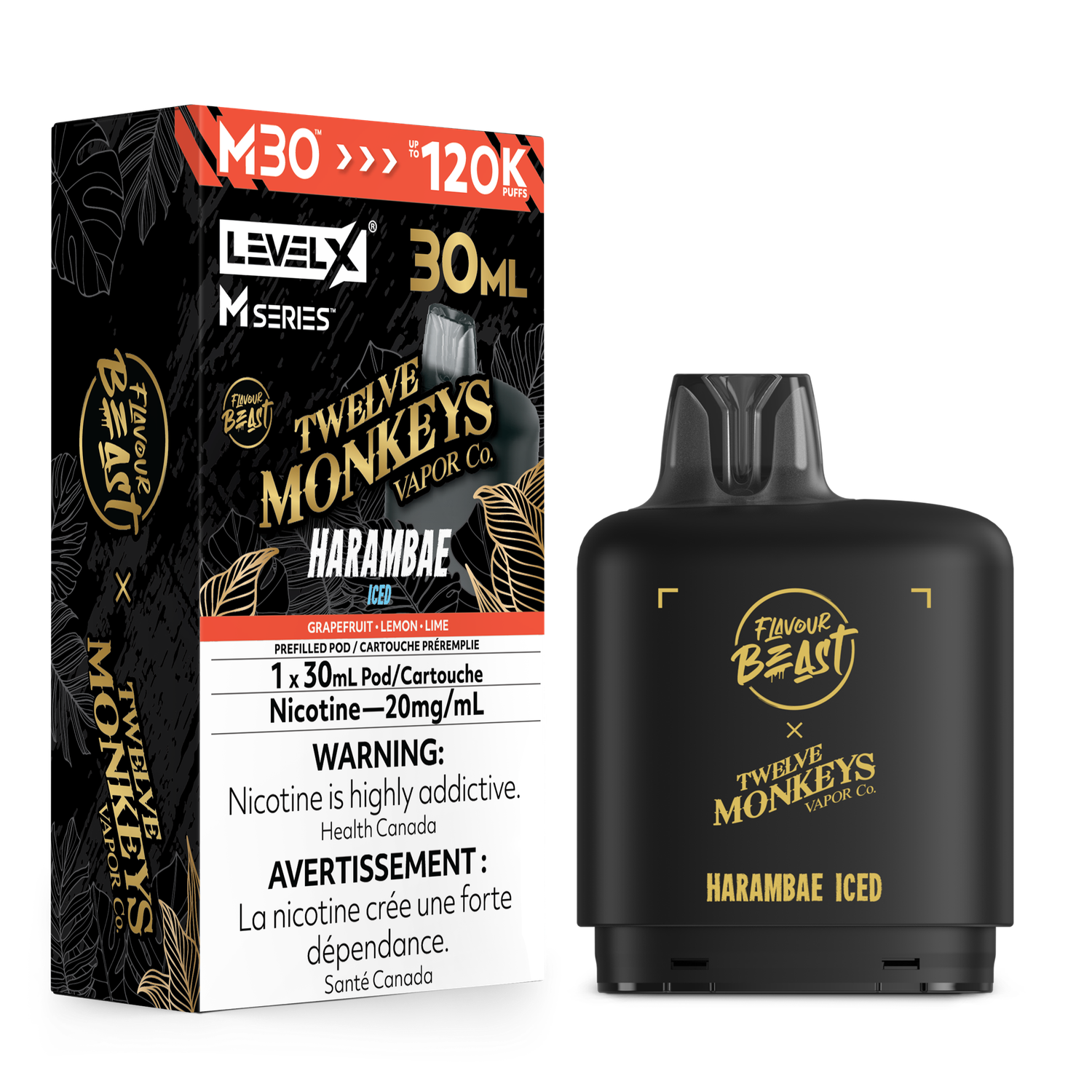 Harambae Iced Flavour Beast x Twelve Monkeys Level X M30 Series Pod, Nicotine: 20mg