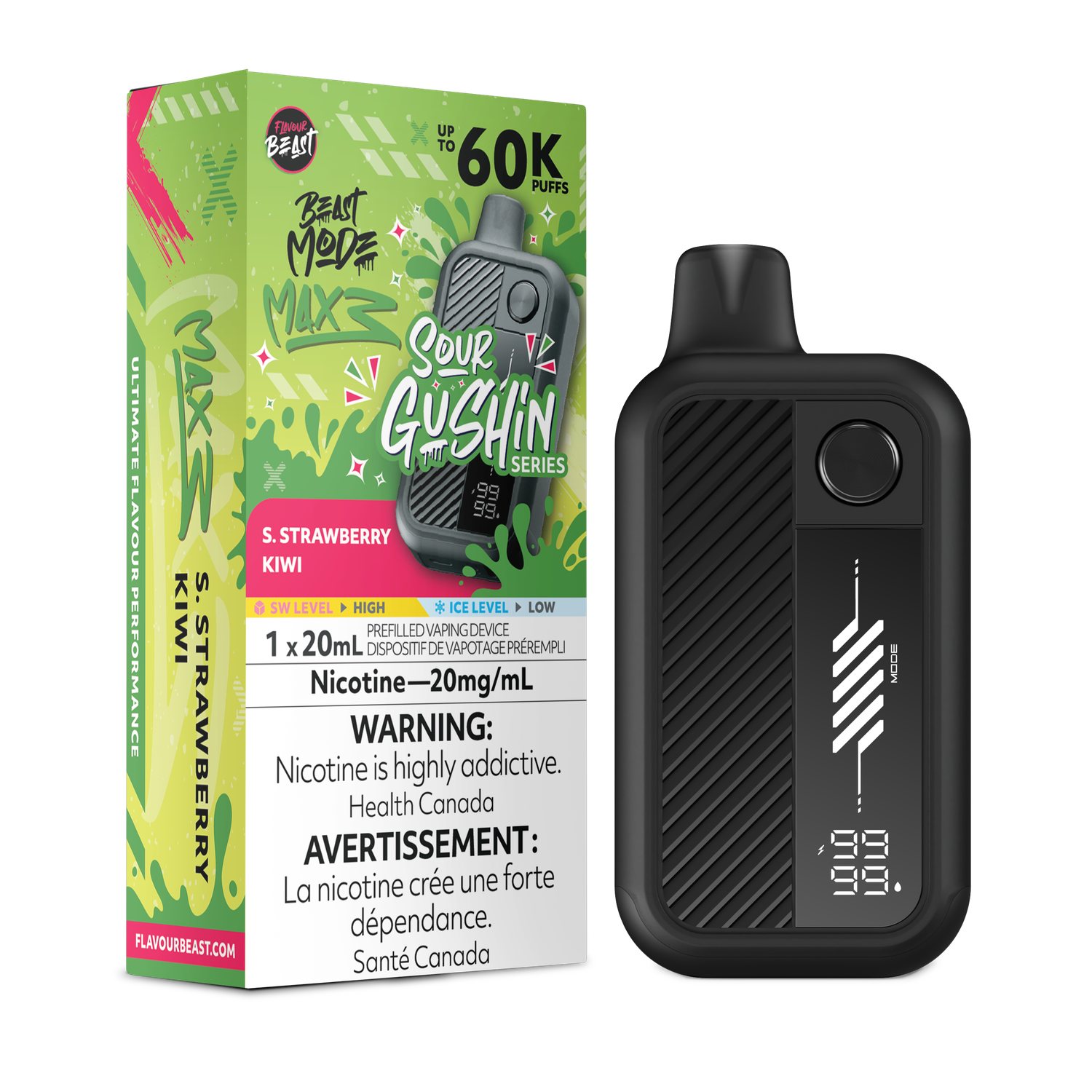 Sour Gushin' S. Strawberry Kiwi - Flavour Beast Beast Mode Max 3 Disposable, Nicotine: 20mg